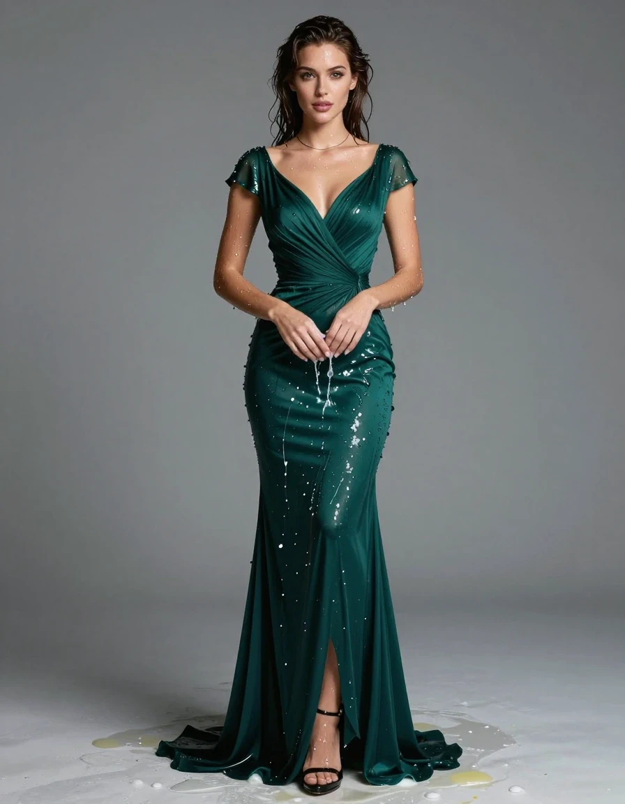 photo of young woman, in soaking wet, drenched clothes,
heels, , stunning floor-length emerald teal formal gown with short cap sleeves, , Bathing with her clothes on with shampoo, 
enjoying, wet clothes stuck to body,
detailed textures of the wet clothes, wet face, wet plastered hair,
wet, drenched, professional, high-quality details, full body view.
sharp focus, ultra-high pixel detail, realistic, high-quality, full colors, incredibly detailed, 4k, 8k, 16k, hyper-realistic, RAW photo, masterpiece, ultra-detailed, professionally color graded, professional photograph, Thin plain necklace, , sexy body, wearing perfume , getting it drenched, wet skin, wet clothes, damp fabric