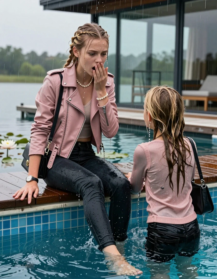 photo of young woman, in soaking wet, drenched clothes,
Pumps, Dark levis skinny jeans, Light pink and black biker leatherjacket, tight v-neck sweater, shoulderbag, pearl necklace, bracelet, wristwatch, jetty by the lake with water lilies and reeds, 
enjoying, wet clothes stuck to body,
detailed textures of the wet clothes, wet face, wet plastered hair,
wet, drenched, professional, high-quality details, full body view.
sharp focus, ultra-high pixel detail, realistic, high-quality, full colors, incredibly detailed, 4k, 8k, 16k, hyper-realistic, RAW photo, masterpiece, ultra-detailed, professionally color graded, professional photograph, A realistic vertical fashion photograph taken from a backward, behind-the-back angle of two 12-year-old girls with different outfits sitting  and slides into a glass-walled outdoor swimming pool, facing down to the camera to show her back. She is tilting her head at camera, letting the water drench her hair so it is glued flat against her head and body. She has  blonde braided hair, completely saturated and dripping wet hair, with water cascading down her face and neck. Afraid and astonished expression. hands on her mouth, half closed eyes. The lighting is bright and cinematic, highlighting the glistening water droplets on her skin and the saturated texture of her  casual clothes. Outside the large glass wall of the pool building, heavy rain is visible falling against the window. Soft, moody indoor lighting with reflections on the water. High-quality fashion photography style.
her clothing is soaking wet and clinging tightly to her skin, showing heavy wet folds, darkened fabric texture, and deep water-saturated Patches, her clothes are heavy from the water, water runs from her body and her clothes in streams. A lot of water also runs out of her clothes. Her clothes are darkened by the water. 
hyper-realistic wetness, high-contrast water sheen, sharp focus, 16k resolution, professional photography, realistic water physics., wet skin, wet clothes, damp fabric., wet skin, wet clothes, damp fabric, wet skin, wet clothes, damp fabric