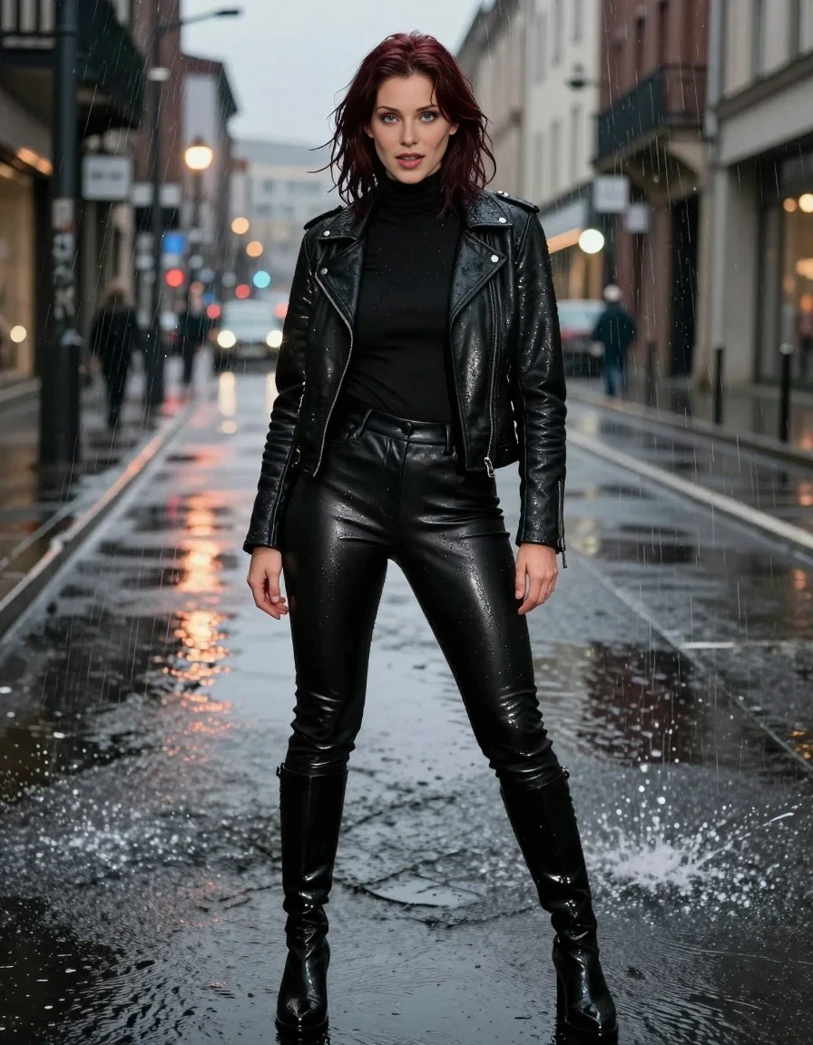 A realistic fashion photograph of a 25-year-old adult woman with shoulder-length dark auburn hair standing in a large city spillway, wearing high-waisted black leather leggings, a fitted black turtleneck, a black leather jacket, and sturdy leather knee-high boots, the entire outfit is completely drenched and glistening with heavy water spray, she is looking at the camera with a confident, playful expression, evening city lights reflecting in the wet surfaces, professional photography style.