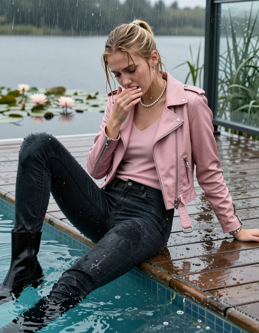 photo of young woman, in soaking wet, drenched clothes,
Black high boots, Dark levis skinny jeans , Light pink biker leatherjacket, tight v-neck sweater, shoulderbag, pearl necklace, bracelet, wristwatch, jetty by the lake with water lilies and reeds, 
enjoying, wet clothes stuck to body,
detailed textures of the wet clothes, wet face, wet plastered hair,
wet, drenched, professional, high-quality details, full body view.
sharp focus, ultra-high pixel detail, realistic, high-quality, full colors, incredibly detailed, 4k, 8k, 16k, hyper-realistic, RAW photo, masterpiece, ultra-detailed, professionally color graded, professional photograph, A realistic vertical fashion photograph taken from a backward, behind-the-back angle of a 15-year-old teenage girl lying  and slides in a glass-walled outdoor swimming pool, facing down to the camera to show her back. 

She is tilting her head at camera, letting the water drench her hair so it is glued flat against her head and body. 
She has  blonde hair with a sleek ponytail with bangs, completely saturated and dripping wet hair, with water cascading down her face and neck. She has heartache, is horny, wants to have an orgasm and needs a cooling. She hold her hands over her mouth. Slight Open mouth, half closed eyes. 

The lighting is bright and cinematic, highlighting the glistening water droplets and the saturated texture of her  casual clothes. Outside the large glass wall of the pool building, heavy rain is visible falling against the window. Soft, moody indoor lighting with reflections on the water. High-quality fashion photography style.
her clothing is soaking wet and clinging tightly to her skin, showing heavy wet folds, darkened fabric texture, and deep water-saturated Patches, her clothes are heavy from the water, water runs from her body and her clothes in streams. A lot of water also runs out of her clothes. Her clothes are darkened by the water. 
hyper-realistic wetness, high-contrast water sheen, sharp focus, 16k resolution, professional photography, realistic water physics., wet skin, wet clothes, damp fabric., wet skin, wet clothes, damp fabric, wet skin, wet clothes, damp fabric, wet skin, wet clothes, damp fabric, wet skin, wet clothes, damp fabric