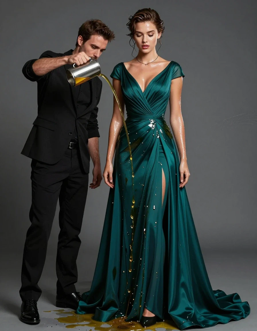 A stunning young adult European woman with a sexy, athletic physique, wearing a floor-length emerald teal formal gown with short cap sleeves and a thin plain necklace. A man stands beside her, pouring a stream of viscous, golden oil from a metal can over her, causing the fabric of the gown to become heavily drenched, clinging to her body, and revealing a deep, saturated color with dark, wet patches and heavy, weighted folds. Her skin and hair are slicked with a glossy, reflective oil sheen. She is wearing high heels, her expression is composed, and she is enveloped in a subtle mist of perfume. The lighting is cinematic, highlighting the wet texture of the fabric and the glistening, viscous oil coating her skin. Photorealistic, 8k, highly detailed, sharp focus on the interplay between the liquid and the emerald teal fabric.