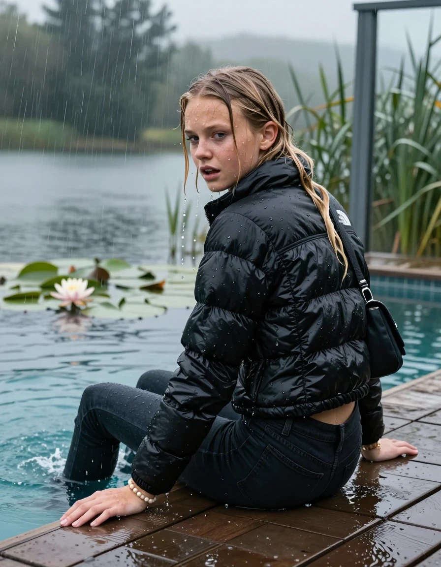 photo of young woman, in soaking wet, drenched clothes,
, Dark levis skinny jeans, Black North face puffer down jacket, tight v-neck sweater, shoulderbag, pearl necklace, bracelet, wristwatch, jetty by the lake with water lilies and reeds, 
enjoying, wet clothes stuck to body,
detailed textures of the wet clothes, wet face, wet plastered hair,
wet, drenched, professional, high-quality details, full body view.
sharp focus, ultra-high pixel detail, realistic, high-quality, full colors, incredibly detailed, 4k, 8k, 16k, hyper-realistic, RAW photo, masterpiece, ultra-detailed, professionally color graded, professional photograph, A realistic vertical fashion photograph taken from a backward, behind-the-back angle of a 12-year-old girl sitting  and slides into a glass-walled outdoor swimming pool, facing down to the camera to show her back. She is tilting her head at camera, letting the water drench her hair so it is glued flat against her head and body. She has completely saturated and dripping wet blonde hair, with water cascading down her face and neck. Afraid and astonished expression. Hold her hands on her knees. Half closed eyes. The lighting is bright and cinematic, highlighting the glistening water droplets on her skin and the saturated texture of her  casual clothes. Outside the large glass wall of the pool building, heavy rain is visible falling against the window. Soft, moody indoor lighting with reflections on the water. High-quality fashion photography style.
her clothing is soaking wet and clinging tightly to her skin, showing heavy wet folds, darkened fabric texture, and deep water-saturated Patches, her clothes are heavy from the water, water runs from her body and her clothes in streams. A lot of water also runs out of her clothes. Her clothes are darkened by the water. 
hyper-realistic wetness, high-contrast water sheen, sharp focus, 16k resolution, professional photography, realistic water physics., wet skin, wet clothes, damp fabric., wet skin, wet clothes, damp fabric, wet skin, wet clothes, damp fabric