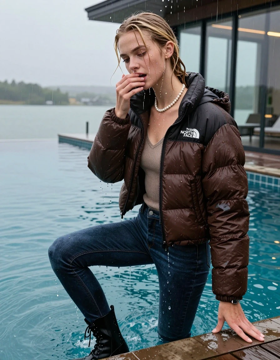 photo of young woman, in soaking wet, drenched clothes,
Black high boots, levis skinny jeans , Brown North face puffer down jacket, tight v-neck sweater, shoulderbag, pearl necklace, bracelet, wristwatch, jetty by the lake , 
enjoying, wet clothes stuck to body,
detailed textures of the wet clothes, wet face, wet plastered hair,
wet, drenched, professional, high-quality details, full body view.
sharp focus, ultra-high pixel detail, realistic, high-quality, full colors, incredibly detailed, 4k, 8k, 16k, hyper-realistic, RAW photo, masterpiece, ultra-detailed, professionally color graded, professional photograph, A realistic vertical fashion photograph taken from a backward, behind-the-back angle of a 15-year-old teenage girl climbing out a glass-walled outdoor swimming pool after a dip,  facing to the camera to show her back. 

She is tilting her head at camera, letting the water drench her hair so it is glued flat against her head and body. 
She has  blonde hair with a sleek ponytail with bangs, completely saturated and dripping wet hair, with water cascading down her face and neck. She has heartache, is horny, have an orgasm and needs a cooling. Hold a hand in Front of her mouth. Slight Open mouth, half closed eyes. 

The lighting is bright and cinematic, highlighting the glistening water droplets and the saturated texture of her  casual clothes. Outside the large glass wall of the pool building, heavy rain is visible falling against the window. Soft, moody indoor lighting with reflections on the water. High-quality fashion photography style.
her clothing is soaking wet and clinging tightly to her skin, showing heavy wet folds, darkened fabric texture, and deep water-saturated Patches, her clothes are heavy from the water, water runs from her body and her clothes in streams. A lot of water also runs out of her clothes. Her clothes are darkened by the water. 
hyper-realistic wetness, high-contrast water sheen, sharp focus, 16k resolution, professional photography, realistic water physics., wet skin, wet clothes, damp fabric., wet skin, wet clothes, damp fabric, wet skin, wet clothes, damp fabric, wet skin, wet clothes, damp fabric, wet skin, wet clothes, damp fabric