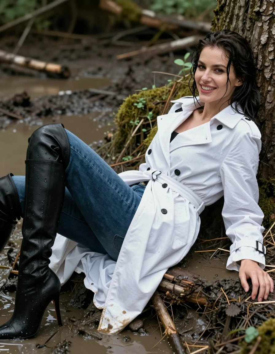photo of young woman, in soaking wet, drenched clothes,
Black thigh high stiletto boots , Jeans, White trench coat , Muddy swamp, 
enjoying, wet clothes stuck to body,
detailed textures of the wet clothes, wet face, wet plastered hair,
wet, drenched, professional, high-quality details, full body view.
sharp focus, ultra-high pixel detail, realistic, high-quality, full colors, incredibly detailed, 4k, 8k, 16k, hyper-realistic, RAW photo, masterpiece, ultra-detailed, professionally color graded, professional photograph, Laying down
Happy smiling face, wet skin, wet clothes, damp fabric