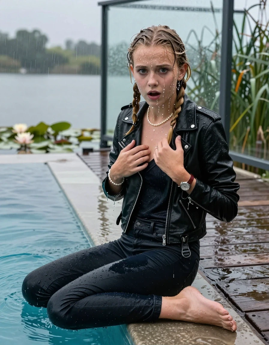photo of young woman, in soaking wet, drenched clothes,
Flats, Dark levis skinny jeans, Black biker leatherjacket, tight v-neck sweater, shoulderbag, pearl necklace, bracelet, wristwatch, jetty by the lake with water lilies and reeds, 
enjoying, wet clothes stuck to body,
detailed textures of the wet clothes, wet face, wet plastered hair,
wet, drenched, professional, high-quality details, full body view.
sharp focus, ultra-high pixel detail, realistic, high-quality, full colors, incredibly detailed, 4k, 8k, 16k, hyper-realistic, RAW photo, masterpiece, ultra-detailed, professionally color graded, professional photograph, A realistic vertical fashion photograph taken from a backward, behind-the-back angle of a 12-year-old girl sitting  and slides into a glass-walled outdoor swimming pool, facing down to the camera to show her back. She is tilting her head at camera, letting the water drench her hair so it is glued flat against her head and body. She has  blonde braided hair, completely saturated and dripping wet hair, with water cascading down her face and neck. Afraid and astonished expression. hands on her breast, big eyes. The lighting is bright and cinematic, highlighting the glistening water droplets on her skin and the saturated texture of her  casual clothes. Outside the large glass wall of the pool building, heavy rain is visible falling against the window. Soft, moody indoor lighting with reflections on the water. High-quality fashion photography style.
her clothing is soaking wet and clinging tightly to her skin, showing heavy wet folds, darkened fabric texture, and deep water-saturated Patches, her clothes are heavy from the water, water runs from her body and her clothes in streams. A lot of water also runs out of her clothes. Her clothes are darkened by the water. 
hyper-realistic wetness, high-contrast water sheen, sharp focus, 16k resolution, professional photography, realistic water physics., wet skin, wet clothes, damp fabric., wet skin, wet clothes, damp fabric, wet skin, wet clothes, damp fabric