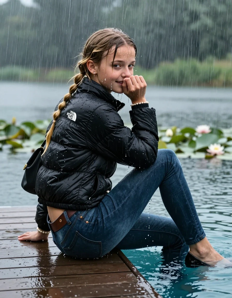 photo of young woman, in soaking wet, drenched clothes,
Heels, Dark tight skinny Levi’s Jeans , Black North face puffer down jacket, tight v-neck sweater, shoulderbag, pearl necklace, bracelet, wristwatch, jetty by the lake with water lilies and reeds, sitting under heavy rain, 
enjoying, wet clothes stuck to body,
detailed textures of the wet clothes, wet face, wet plastered hair,
wet, drenched, professional, high-quality details, full body view.
sharp focus, ultra-high pixel detail, realistic, high-quality, full colors, incredibly detailed, 4k, 8k, 16k, hyper-realistic, RAW photo, masterpiece, ultra-detailed, professionally color graded, professional photograph, A realistic vertical fashion photograph taken from a backward, behind-the-back angle of a Young horny 12-year-old teengirl sitting  and slides in a glass-walled outdoor swimming pool, facing to the camera to show her back. 

She is tilting her head at camera, letting the water drench her hair so it is glued flat against her head and body. 
She has  blonde pigtails, completely saturated and dripping wet hair, with water cascading down her face and neck. Shy and insecure expression. She is a Little Bit fearful and Smileys embarrassed. Hold her flat hand in Front of her mouth and nose. Slight Open mouth, half closed eyes. 

The lighting is bright and cinematic, highlighting the glistening water droplets and the saturated texture of her  casual clothes. Outside the large glass wall of the pool building, heavy rain is visible falling against the window. Soft, moody indoor lighting with reflections on the water. High-quality fashion photography style.
her clothing is soaking wet and clinging tightly to her skin, showing heavy wet folds, darkened fabric texture, and deep water-saturated Patches, her clothes are heavy from the water, water runs from her body and her clothes in streams. A lot of water also runs out of her clothes. Her clothes are darkened by the water. 
hyper-realistic wetness, high-contrast water sheen, sharp focus, 16k resolution, professional photography, realistic water physics., wet skin, wet clothes, damp fabric., wet skin, wet clothes, damp fabric, wet skin, wet clothes, damp fabric, wet skin, wet clothes, damp fabric, wet skin, wet clothes, damp fabric