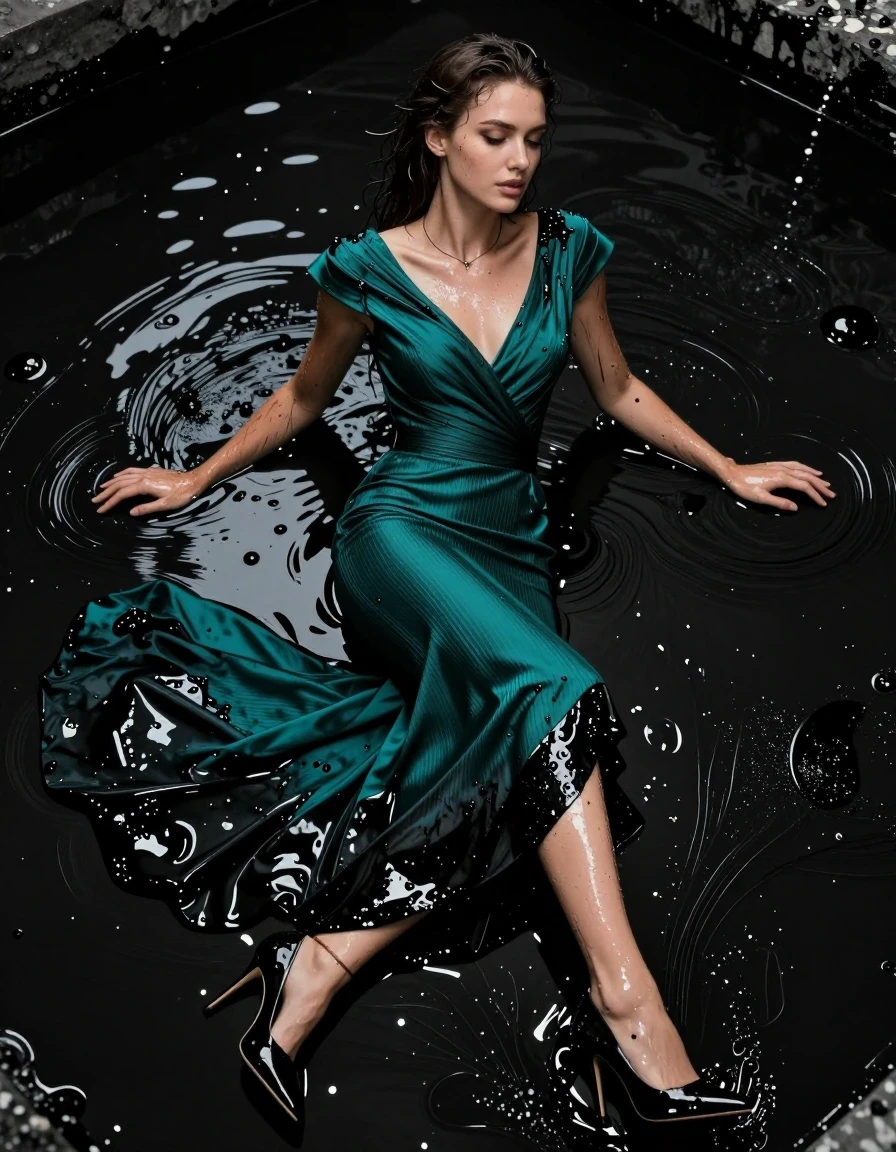 A stunning young adult European woman with a sexy, toned physique, captured in a high-fashion photography style while submerged and swimming in a pool filled with thick, viscous black oil. She is wearing a floor-length emerald teal formal gown with short cap sleeves and a pencil pinstripe skirt underneath, both garments heavily saturated, clinging to her skin, and darkened by the thick oil, with visible oil sheen, heavy folds, and glossy highlights across the fabric. She is wearing sleek high heels that are coated in a thick layer of glistening black oil. A thin, delicate plain necklace rests against her wet, oil-slicked skin. Her hair and skin are dripping with viscous, dark fluid, creating intense specular reflections and a high-contrast wetlook texture. The scene is lit with dramatic, sharp studio lighting that emphasizes the oily sheen and the contours of her body. Photorealistic, 8k resolution, cinematic composition, macro details on the oil texture and fabric weave.