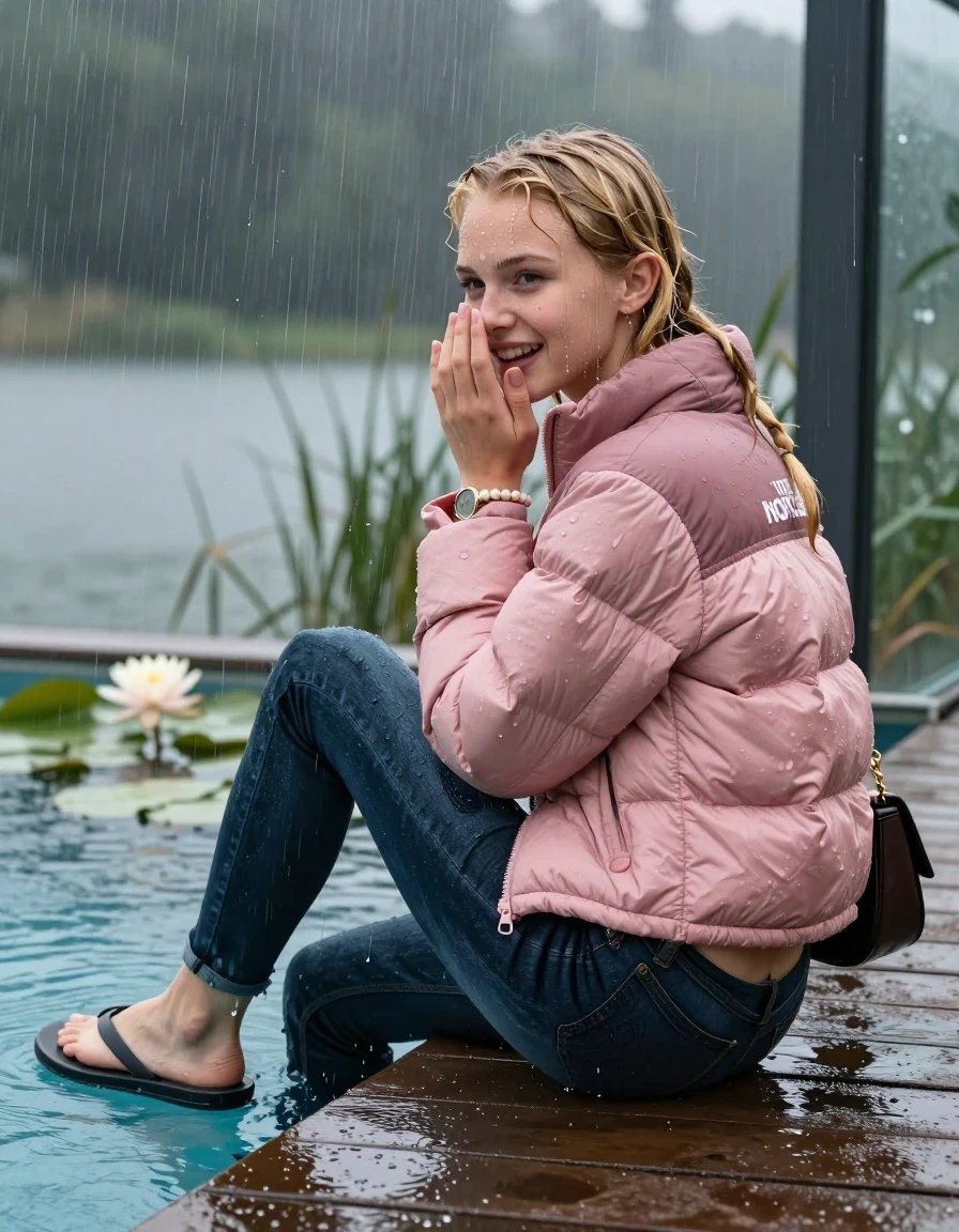 photo of young woman, in soaking wet, drenched clothes,
Flip Flops , Dark tight skinny Levi’s Jeans , Pink North face puffer down jacket, tight v-neck sweater, shoulderbag, pearl necklace, bracelet, wristwatch, jetty by the lake with water lilies and reeds, sitting under heavy rain, 
enjoying, wet clothes stuck to body,
detailed textures of the wet clothes, wet face, wet plastered hair,
wet, drenched, professional, high-quality details, full body view.
sharp focus, ultra-high pixel detail, realistic, high-quality, full colors, incredibly detailed, 4k, 8k, 16k, hyper-realistic, RAW photo, masterpiece, ultra-detailed, professionally color graded, professional photograph, A realistic vertical fashion photograph taken from a backward, behind-the-back angle of a Young horny 12-year-old teengirl sitting  and slides in a glass-walled outdoor swimming pool, facing to the camera to show her back. 

She is tilting her head at camera, letting the water drench her hair so it is glued flat against her head and body. 
She has  blonde pigtails, completely saturated and dripping wet hair, with water cascading down her face and neck. Worried but happy expression. Hold her hands over her mouth and nose. Slight Open mouth, half closed eyes. 

The lighting is bright and cinematic, highlighting the glistening water droplets and the saturated texture of her  casual clothes. Outside the large glass wall of the pool building, heavy rain is visible falling against the window. Soft, moody indoor lighting with reflections on the water. High-quality fashion photography style.
her clothing is soaking wet and clinging tightly to her skin, showing heavy wet folds, darkened fabric texture, and deep water-saturated Patches, her clothes are heavy from the water, water runs from her body and her clothes in streams. A lot of water also runs out of her clothes. Her clothes are darkened by the water. 
hyper-realistic wetness, high-contrast water sheen, sharp focus, 16k resolution, professional photography, realistic water physics., wet skin, wet clothes, damp fabric., wet skin, wet clothes, damp fabric, wet skin, wet clothes, damp fabric, wet skin, wet clothes, damp fabric, wet skin, wet clothes, damp fabric