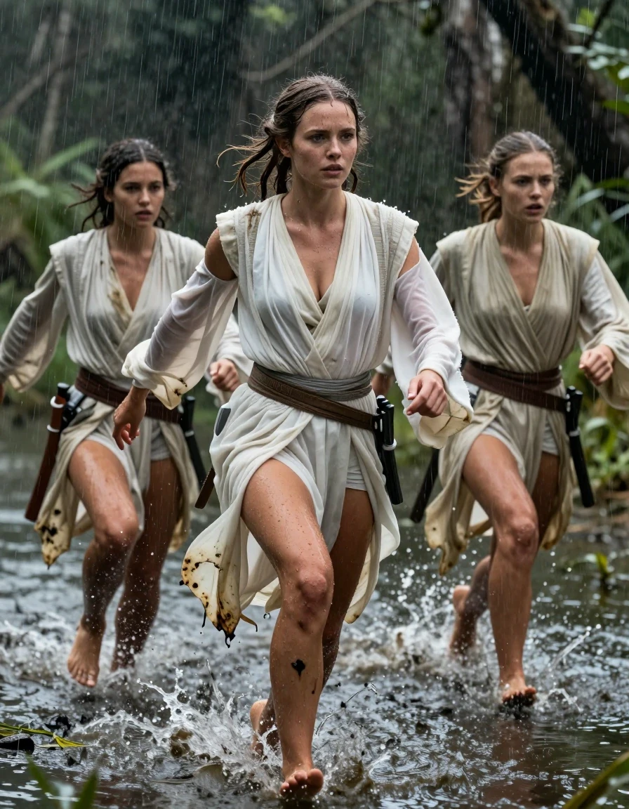 photo of young woman, in soaking wet, drenched clothes,
barefeed, star wars princess leia outfit, swamp lake, with a dark jungle in the background, Star Wars style, 
enjoying, wet clothes stuck to body,
detailed textures of the wet clothes, wet face, wet plastered hair,
wet, drenched, professional, high-quality details, full body view.
sharp focus, ultra-high pixel detail, realistic, high-quality, full colors, incredibly detailed, 4k, 8k, 16k, hyper-realistic, RAW photo, masterpiece, ultra-detailed, professionally color graded, professional photograph, a young nordic girl wears a princess leia style white outfit an princess leia hair style. next to her are two jedi knight girl wearing also white clothes an no shoes. the girls run fast through the swamp lake with a big splashes. the clothes of the three girls are completly drenched and dirty and muddy from the swamp. the girls wear no bra. her big breasts are visible through the seethrough Dress. on the picture ist heavy rain. wet skin, wet hair, wet clothes, damp fabric, wet skin, wet clothes, damp fabric. Show the scene from the side, wet skin, wet clothes, damp fabric