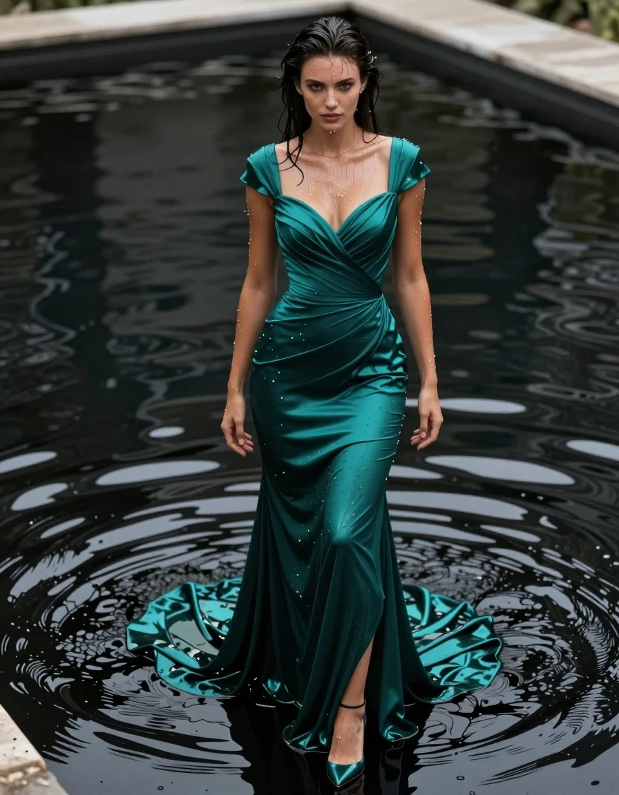 A stunning young adult European woman with a sexy, athletic physique, standing inside an outdoor pool filled with thick, glossy black oil. She is wearing a floor-length emerald teal formal gown with short cap sleeves, the fabric heavily saturated and clinging to her body, showing deep, dark wet folds, heavy weighted texture, and high-sheen specular reflections from the viscous oil coating. She is wearing elegant high heels that are partially submerged, and a thin, delicate plain necklace that glistens with oil. Her skin and hair are drenched in a wet, slick coating, creating a high-contrast, mirror-like sheen. The atmosphere is luxurious and sensual, capturing the sensation of wearing expensive perfume while drenched in fluid. Cinematic lighting highlights the liquid's viscosity and the wet fabric texture, 8k resolution, photorealistic, sharp focus on the interplay between the emerald teal fabric and the dark oil.