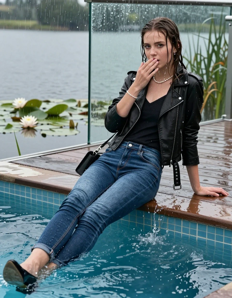 photo of young woman, in soaking wet, drenched clothes,
Black heels, Dripping wet tight skinny Levis Jeans , Black biker leatherjacket, tight v-neck sweater, shoulderbag, pearl necklace, bracelet, wristwatch, jetty by the lake with water lilies and reeds, 
enjoying, wet clothes stuck to body,
detailed textures of the wet clothes, wet face, wet plastered hair,
wet, drenched, professional, high-quality details, full body view.
sharp focus, ultra-high pixel detail, realistic, high-quality, full colors, incredibly detailed, 4k, 8k, 16k, hyper-realistic, RAW photo, masterpiece, ultra-detailed, professionally color graded, professional photograph, A realistic vertical fashion photograph taken from a backward, behind-the-back angle of a 15-year-old teenage girl lying  and slides in a glass-walled outdoor swimming pool, facing down to the camera to show her back. 

She is tilting her head at camera, letting the water drench her hair so it is glued flat against her head and body. 
She has completely saturated and dripping wet hair, with water cascading down her face and neck. She thinks it's cool and is overwhelmed by the feeling of wet clothes. She hold her hands over her mouth. Slight Open mouth, big eyes. 

The lighting is bright and cinematic, highlighting the glistening water droplets and the saturated texture of her  casual clothes. Outside the large glass wall of the pool building, heavy rain is visible falling against the window. Soft, moody indoor lighting with reflections on the water. High-quality fashion photography style.
her clothing is soaking wet and clinging tightly to her skin, showing heavy wet folds, darkened fabric texture, and deep water-saturated Patches, her clothes are heavy from the water, water runs from her body and her clothes in streams. A lot of water also runs out of her clothes. Her clothes are darkened by the water. 
hyper-realistic wetness, high-contrast water sheen, sharp focus, 16k resolution, professional photography, realistic water physics., wet skin, wet clothes, damp fabric., wet skin, wet clothes, damp fabric, wet skin, wet clothes, damp fabric, wet skin, wet clothes, damp fabric, wet skin, wet clothes, damp fabric, wet skin, wet clothes, damp fabric