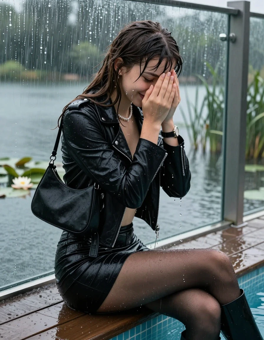 photo of young woman, in soaking wet, drenched clothes,
Black high boots, Short black mini skirt, black stockings , Black biker leatherjacket, tight sexy tshirt with wide neckline belly free, shoulderbag, pearl necklace, bracelet, wristwatch, jetty by the lake with water lilies and reeds, sitting under heavy rain, 
enjoying, wet clothes stuck to body,
detailed textures of the wet clothes, wet face, wet plastered hair,
wet, drenched, professional, high-quality details, full body view.
sharp focus, ultra-high pixel detail, realistic, high-quality, full colors, incredibly detailed, 4k, 8k, 16k, hyper-realistic, RAW photo, masterpiece, ultra-detailed, professionally color graded, professional photograph, A realistic vertical fashion photograph taken from a backward, behind-the-back angle of a Young horny cute 12-year-old teengirl sitting  and sliding in a glass-walled outdoor swimming pool, facing down at the camera to show her back. 

She is tilting her head at camera, letting the water drench her hair so it is glued flat against her head and body. 
She has brunette sleek long hair with curtain bangs completely saturated and dripping wet hair, with water cascading down her face and neck. Shy and insecure expression. She is a Little Bit fearful and Smileys embarrassed. Holds her hands over her whole face. Open mouth, half closed eyes.

The lighting is bright and cinematic, highlighting the glistening water droplets and the saturated texture of her  casual clothes. Outside the large glass wall of the pool building, heavy rain is visible falling against the window. Soft, moody indoor lighting with reflections on the water. High-quality fashion photography style.
her clothing is soaking wet and clinging tightly to her skin, showing heavy wet folds, darkened fabric texture, and deep water-saturated Patches, her clothes are heavy from the water, water runs from her body and her clothes in streams. A lot of water also runs out of her clothes. Her clothes are darkened by the water. 
hyper-realistic wetness, high-contrast water sheen, sharp focus, 16k resolution, professional photography, realistic water physics., wet skin, wet clothes, damp fabric., wet skin, wet clothes, damp fabric, wet skin, wet clothes, damp fabric, wet skin, wet clothes, damp fabric, wet skin, wet clothes, damp fabric, wet skin, wet clothes, damp fabric