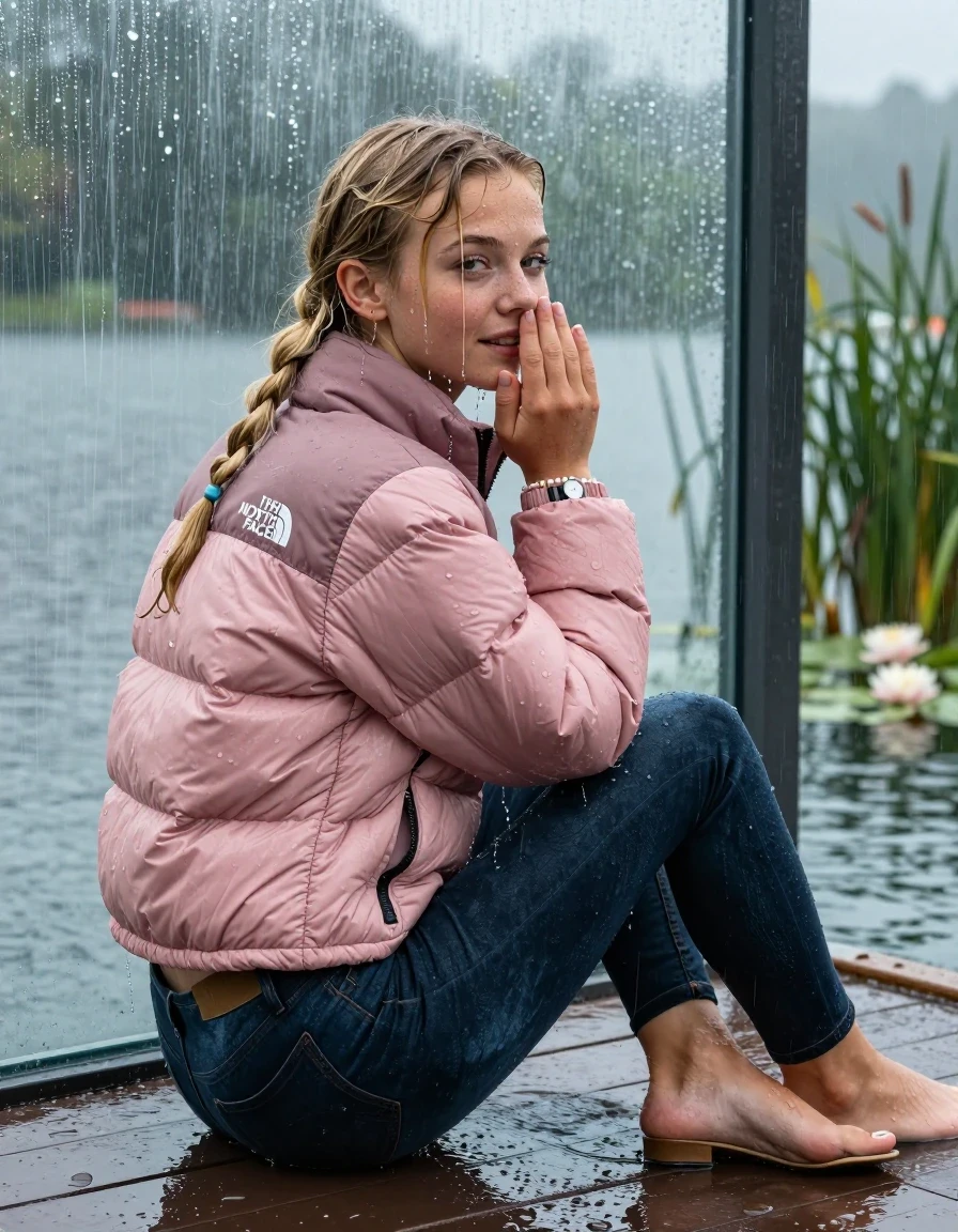 photo of young woman, in soaking wet, drenched clothes,
Flate Heels, Dark tight skinny Levi’s Jeans , Pink North face puffer down jacket, tight v-neck sweater, shoulderbag, pearl necklace, bracelet, wristwatch, jetty by the lake with water lilies and reeds, sitting under heavy rain, 
enjoying, wet clothes stuck to body,
detailed textures of the wet clothes, wet face, wet plastered hair,
wet, drenched, professional, high-quality details, full body view.
sharp focus, ultra-high pixel detail, realistic, high-quality, full colors, incredibly detailed, 4k, 8k, 16k, hyper-realistic, RAW photo, masterpiece, ultra-detailed, professionally color graded, professional photograph, A realistic vertical fashion photograph taken from a backward, behind-the-back angle of a Young horny 12-year-old teengirl sitting  and slides in a glass-walled outdoor swimming pool, facing to the camera to show her back. 

She is tilting her head at camera, letting the water drench her hair so it is glued flat against her head and body. 
She has  blonde pigtails, completely saturated and dripping wet hair, with water cascading down her face and neck. Shy and insecure expression. She is a Little Bit fearful and Smileys embarrassed. Hold her flat hand in Front of her mouth and nose. Slight Open mouth, half closed eyes. 

The lighting is bright and cinematic, highlighting the glistening water droplets and the saturated texture of her  casual clothes. Outside the large glass wall of the pool building, heavy rain is visible falling against the window. Soft, moody indoor lighting with reflections on the water. High-quality fashion photography style.
her clothing is soaking wet and clinging tightly to her skin, showing heavy wet folds, darkened fabric texture, and deep water-saturated Patches, her clothes are heavy from the water, water runs from her body and her clothes in streams. A lot of water also runs out of her clothes. Her clothes are darkened by the water. 
hyper-realistic wetness, high-contrast water sheen, sharp focus, 16k resolution, professional photography, realistic water physics., wet skin, wet clothes, damp fabric., wet skin, wet clothes, damp fabric, wet skin, wet clothes, damp fabric, wet skin, wet clothes, damp fabric, wet skin, wet clothes, damp fabric