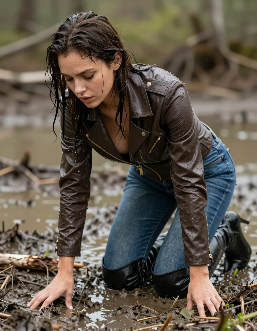 photo of young woman, in soaking wet, drenched clothes,
Black thigh high stiletto boots , Jeans, Brown smart jacket, Muddy swamp, 
enjoying, wet clothes stuck to body,
detailed textures of the wet clothes, wet face, wet plastered hair,
wet, drenched, professional, high-quality details, full body view.
sharp focus, ultra-high pixel detail, realistic, high-quality, full colors, incredibly detailed, 4k, 8k, 16k, hyper-realistic, RAW photo, masterpiece, ultra-detailed, professionally color graded, professional photograph, Crawl hands and knees, wet skin, wet clothes, damp fabric