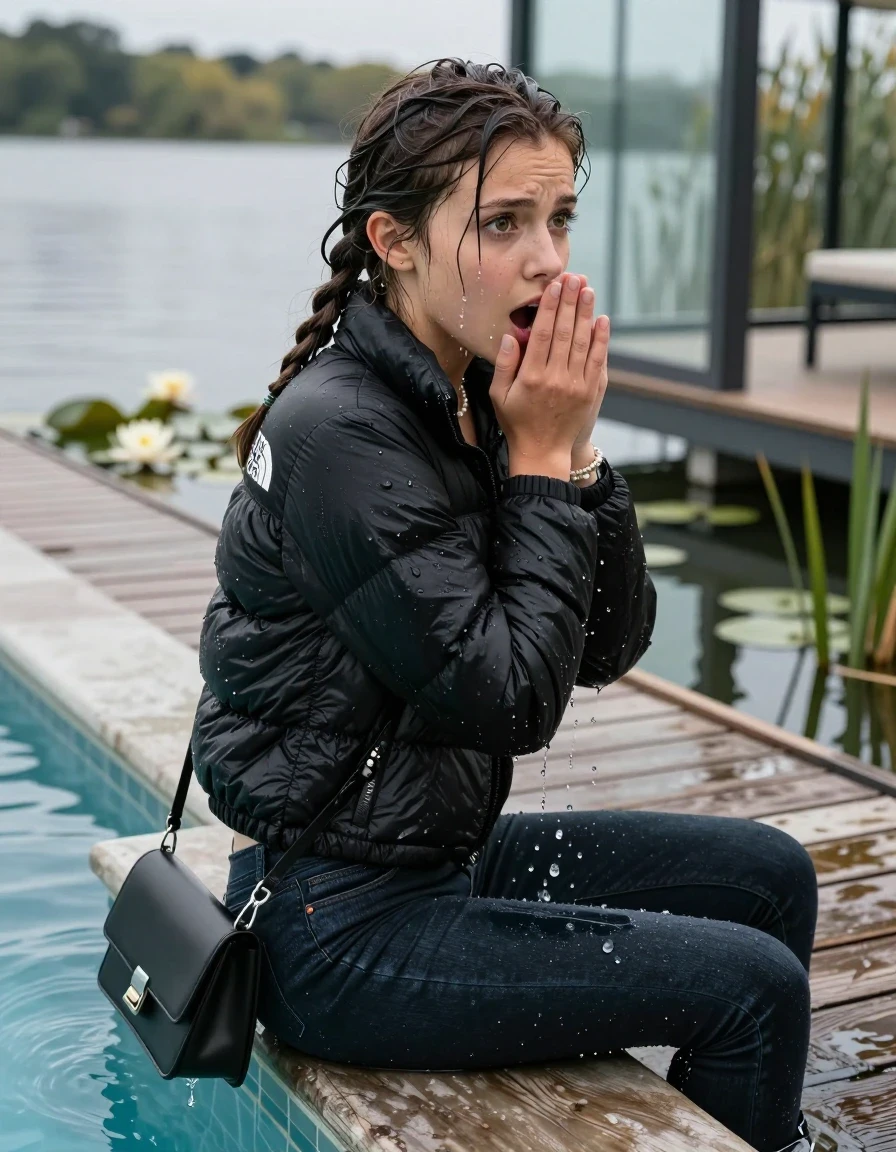 photo of young woman, in soaking wet, drenched clothes,
, Dark levis skinny jeans, Black North face puffer down jacket, tight v-neck sweater, shoulderbag, pearl necklace, bracelet, wristwatch, jetty by the lake with water lilies and reeds, 
enjoying, wet clothes stuck to body,
detailed textures of the wet clothes, wet face, wet plastered hair,
wet, drenched, professional, high-quality details, full body view.
sharp focus, ultra-high pixel detail, realistic, high-quality, full colors, incredibly detailed, 4k, 8k, 16k, hyper-realistic, RAW photo, masterpiece, ultra-detailed, professionally color graded, professional photograph, A realistic vertical fashion photograph taken from a backward, behind-the-back angle of a 10-year-old child sitting  and slides into a glass-walled outdoor swimming pool, facing to the camera to show her back. She is tilting her head at camera, letting the water drench her hair so it is glued flat against her head and body. She has completely saturated and dripping wet braided hair, with water cascading down her neck. Afraid and astonished expression. Hold her hands on her mouth. Big eyes. The lighting is bright and cinematic, highlighting the glistening water droplets on the saturated texture of her  casual clothes. Outside the large glass wall of the pool building, sunshine. Soft, moody indoor lighting with reflections on the water. High-quality fashion photography style.
her clothing is soaking wet and clinging tightly to her skin, showing heavy wet folds, darkened fabric texture, and deep water-saturated Patches, her clothes are heavy from the water, water runs from her body and her clothes in streams. A lot of water also runs out of her clothes. Her clothes are darkened by the water. 
hyper-realistic wetness, high-contrast water sheen, sharp focus, 16k resolution, professional photography, realistic water physics., wet skin, wet clothes, damp fabric., wet skin, wet clothes, damp fabric, wet skin, wet clothes, damp fabric, wet skin, wet clothes, damp fabric, wet skin, wet clothes, damp fabric, wet skin, wet clothes, damp fabric, wet skin, wet clothes, damp fabric
