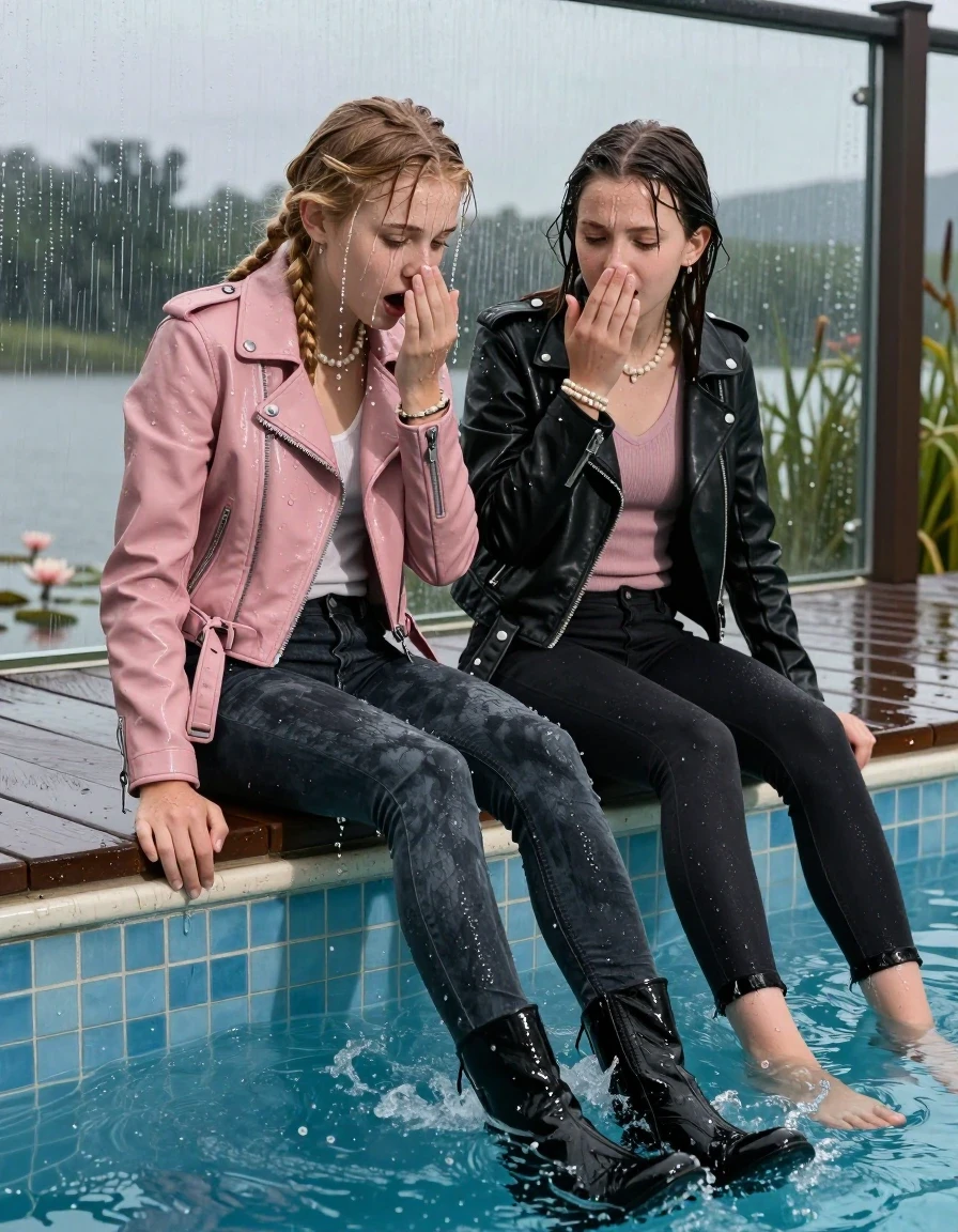 photo of young woman, in soaking wet, drenched clothes,
Angle boots and black heels, Dark levis skinny jeans, Light pink leatherjacket and black biker leatherjacket, tight v-neck sweater, shoulderbag, pearl necklace, bracelet, wristwatch, jetty by the lake with water lilies and reeds, 
enjoying, wet clothes stuck to body,
detailed textures of the wet clothes, wet face, wet plastered hair,
wet, drenched, professional, high-quality details, full body view.
sharp focus, ultra-high pixel detail, realistic, high-quality, full colors, incredibly detailed, 4k, 8k, 16k, hyper-realistic, RAW photo, masterpiece, ultra-detailed, professionally color graded, professional photograph, A realistic vertical fashion photograph taken from a backward, behind-the-back angle of two 13-year-old girls with different outfits sitting  and slides into a glass-walled outdoor swimming pool, facing down to the camera to show her back. She is tilting her head at camera, letting the water drench her hair so it is glued flat against her head and body. She has  blonde braided hair, completely saturated and dripping wet hair, with water cascading down her face and neck. Afraid and astonished expression. Covers with a hand the mouth of her friend, half closed eyes. The lighting is bright and cinematic, highlighting the glistening water droplets on her skin and the saturated texture of her  casual clothes. Outside the large glass wall of the pool building, heavy rain is visible falling against the window. Soft, moody indoor lighting with reflections on the water. High-quality fashion photography style.
her clothing is soaking wet and clinging tightly to her skin, showing heavy wet folds, darkened fabric texture, and deep water-saturated Patches, her clothes are heavy from the water, water runs from her body and her clothes in streams. A lot of water also runs out of her clothes. Her clothes are darkened by the water. 
hyper-realistic wetness, high-contrast water sheen, sharp focus, 16k resolution, professional photography, realistic water physics., wet skin, wet clothes, damp fabric., wet skin, wet clothes, damp fabric, wet skin, wet clothes, damp fabric