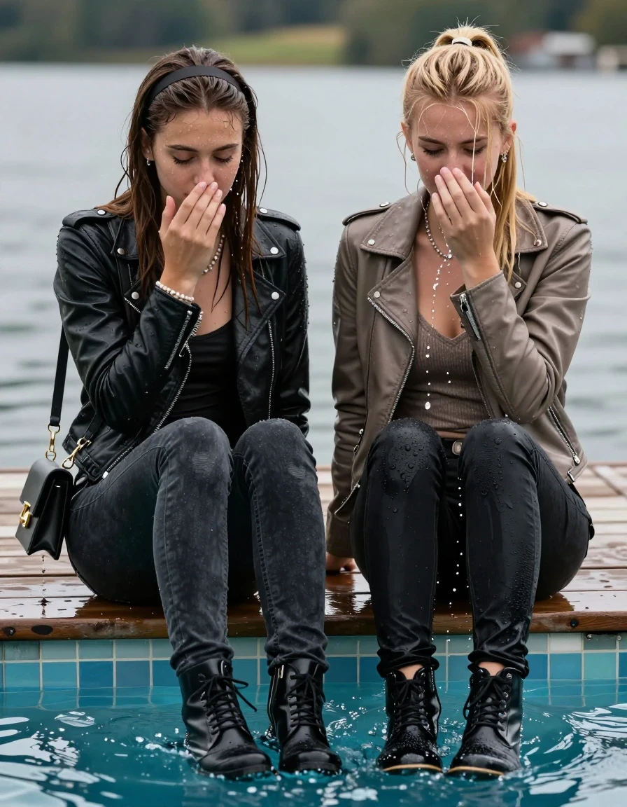 photo of young woman, in soaking wet, drenched clothes,
Ankle boots, Dark skinny jeans, leatherjacket, Open jacket, tight v-neck sweater, shoulderbag, pearl necklace, bracelet, wristwatch, jetty by the lake , 
enjoying, wet clothes stuck to body,
detailed textures of the wet clothes, wet face, wet plastered hair,
wet, drenched, professional, high-quality details, full body view.
sharp focus, ultra-high pixel detail, realistic, high-quality, full colors, incredibly detailed, 4k, 8k, 16k, hyper-realistic, RAW photo, masterpiece, ultra-detailed, professionally color graded, professional photograph, A realistic vertical fashion photograph taken from a backward, behind-the-back angle of two 18-year-old teenage girls sitting deep submerged in the water of a glass-walled outdoor swimming pool, facing directely at the camera to show her back. One girl cover her mouth with her hands. One Girl hold a hand in front of her nose. She is tilting her head down, letting the water drench her hair so it is glued flat against her head and body. She has Sleek  straight long hair with hairband and one has a blond sleek ponytail with bangs, completely saturated and dripping wet hair, with water cascading down her face and neck, horny and sexuell aroused expression. The lighting is bright and cinematic, highlighting the glistening water droplets on the saturated texture of her  casual clothes.  Open mouth, closed eyes. One wears a black leatherjacket and dark levis skinny jeans. One wears a light brown leatherjacket and Black levis skinny jeans.
her clothing is soaking wet and clinging tightly to her skin, showing heavy wet folds, darkened fabric texture, and deep water-saturated Patches, her clothes are heavy from the water, water runs from her body and her clothes in streams. A lot of water also runs out of her clothes. Her clothes are darkened by the water. 
hyper-realistic wetness, high-contrast water sheen, sharp focus, 16k resolution, professional photography, realistic water physics., wet skin, wet clothes, damp fabric, wet skin, wet clothes, damp fabric, wet skin, wet clothes, damp fabric, wet skin, wet clothes, damp fabric, wet skin, wet clothes, damp fabric, wet skin, wet clothes, damp fabric, wet skin, wet clothes, damp fabric, wet skin, wet clothes, damp fabric, wet skin, wet clothes, damp fabric, wet skin, wet clothes, damp fabric, wet skin, wet clothes, damp fabric, wet skin, wet clothes, damp fabric, wet skin, wet clothes, damp fabric, wet skin, wet clothes, damp fabric, wet skin, wet clothes, damp fabric, wet skin, wet clothes, damp fabric