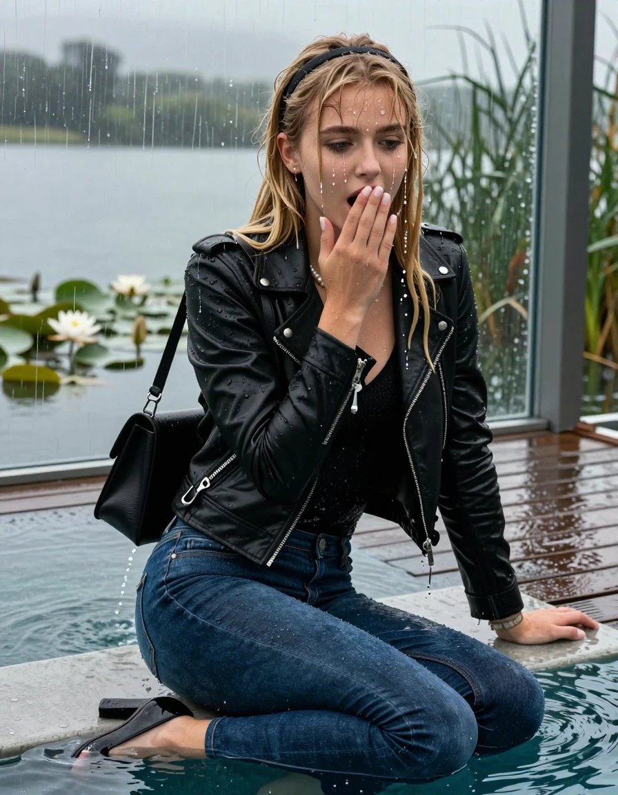 photo of young woman, in soaking wet, drenched clothes,
Black heels, Dark blue tight levis skinny jeans, Black biker leatherjacket, tight v-neck sweater, shoulderbag, pearl necklace, bracelet, wristwatch, jetty by the lake with water lilies and reeds, 
enjoying, wet clothes stuck to body,
detailed textures of the wet clothes, wet face, wet plastered hair,
wet, drenched, professional, high-quality details, full body view.
sharp focus, ultra-high pixel detail, realistic, high-quality, full colors, incredibly detailed, 4k, 8k, 16k, hyper-realistic, RAW photo, masterpiece, ultra-detailed, professionally color graded, professional photograph, A realistic vertical fashion photograph taken from a backward, behind-the-back angle of a Young horny 12-year-old teengirl sitting and pushed in a glass-walled outdoor swimming pool, facing directly to the camera to show her back. 

She is tilting her head at camera, letting the water drench her hair so it is glued flat against her head and body. 
She has  blonde sleek long hair with birkin bangs and hairband completely saturated and dripping wet hair, with water cascading down her face and neck. Shocked and astonished expression. She is a Little Bit fearful. Hold her hands over her mouth. Open mouth, half closed eyes. 

The lighting is bright and cinematic, highlighting the glistening water droplets and the saturated texture of her  casual clothes. Outside the large glass wall of the pool building, heavy rain is visible falling against the window. Soft, moody indoor lighting with reflections on the water. High-quality fashion photography style.
her clothing is soaking wet and clinging tightly to her skin, showing heavy wet folds, darkened fabric texture, and deep water-saturated Patches, her clothes are heavy from the water, water runs from her body and her clothes in streams. A lot of water also runs out of her clothes. Her clothes are darkened by the water. 
hyper-realistic wetness, high-contrast water sheen, sharp focus, 16k resolution, professional photography, realistic water physics., wet skin, wet clothes, damp fabric., wet skin, wet clothes, damp fabric, wet skin, wet clothes, damp fabric, wet skin, wet clothes, damp fabric, wet skin, wet clothes, damp fabric, wet skin, wet clothes, damp fabric, wet skin, wet clothes, damp fabric, wet skin, wet clothes, damp fabric