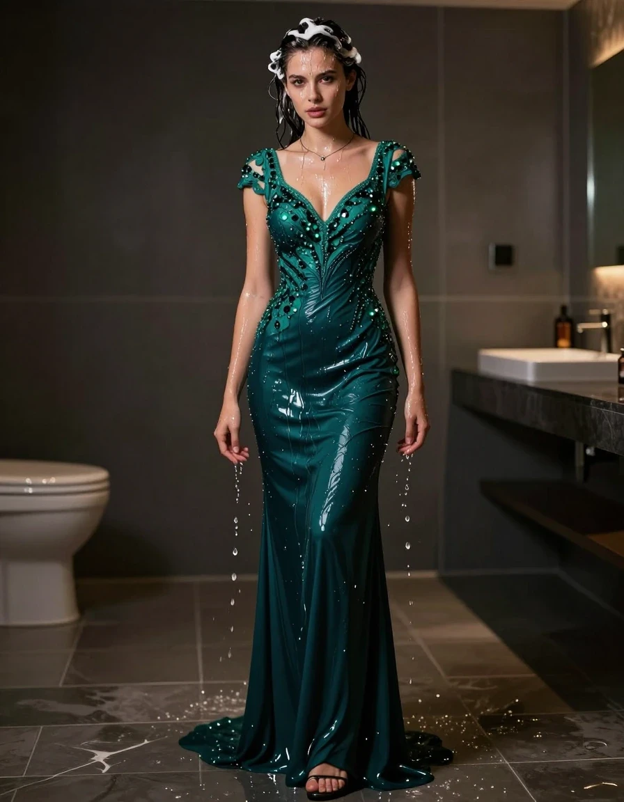 A stunning young European woman with a sexy, toned physique stands in a dimly lit, moody bathroom. She is wearing a floor-length emerald teal formal gown featuring short cap sleeves and intricate emerald stone embroidery, adorned with a thin, delicate plain necklace. She is drenched, with shampoo suds running through her soaked hair and down her face. The gown is completely saturated, clinging tightly to her silhouette, the fabric darkened to a deep, rich teal with heavy, water-laden folds and high-gloss specular reflections from the water sheen. She is wearing high heels, standing on the wet tile floor as water cascades over her, emphasizing the wet texture of the fabric and her glistening skin. The scene captures a realistic, intimate moment of her rinsing off while fully clothed, with the perfume bottle visible nearby. Photorealistic, 8k, dramatic cinematic lighting, sharp focus on the wet fabric textures and dripping water droplets, high contrast.