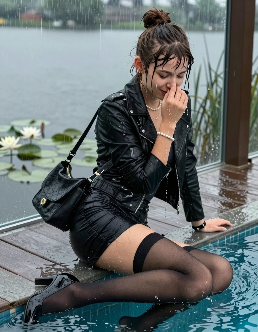 photo of young woman, in soaking wet, drenched clothes,
High heels, Short black mini skirt, black stockings , Black biker leatherjacket, tight v-neck sweater, shoulderbag, pearl necklace, bracelet, wristwatch, jetty by the lake with water lilies and reeds, 
enjoying, wet clothes stuck to body,
detailed textures of the wet clothes, wet face, wet plastered hair,
wet, drenched, professional, high-quality details, full body view.
sharp focus, ultra-high pixel detail, realistic, high-quality, full colors, incredibly detailed, 4k, 8k, 16k, hyper-realistic, RAW photo, masterpiece, ultra-detailed, professionally color graded, professional photograph, A realistic vertical fashion photograph taken from a backward, behind-the-back angle of a Young horny 12-year-old teengirl lying  and sliding in a glass-walled outdoor swimming pool, facing directly to the camera to show her back. 

She is tilting her head at camera, letting the water drench her hair so it is glued flat against her head and body. 
She has  brunette sticked up topknot with bangs, completely saturated and dripping wet hair, with water cascading down her face and neck. Shy and insecure expression. She is a Little Bit fearful and Smileys embarrassed. Hold her hands over her nose. Closed mouth, closed eyes. 

The lighting is bright and cinematic, highlighting the glistening water droplets and the saturated texture of her  casual clothes. Outside the large glass wall of the pool building, heavy rain is visible falling against the window. Soft, moody indoor lighting with reflections on the water. High-quality fashion photography style.
her clothing is soaking wet and clinging tightly to her skin, showing heavy wet folds, darkened fabric texture, and deep water-saturated Patches, her clothes are heavy from the water, water runs from her body and her clothes in streams. A lot of water also runs out of her clothes. Her clothes are darkened by the water. 
hyper-realistic wetness, high-contrast water sheen, sharp focus, 16k resolution, professional photography, realistic water physics., wet skin, wet clothes, damp fabric., wet skin, wet clothes, damp fabric, wet skin, wet clothes, damp fabric, wet skin, wet clothes, damp fabric, wet skin, wet clothes, damp fabric, wet skin, wet clothes, damp fabric, wet skin, wet clothes, damp fabric