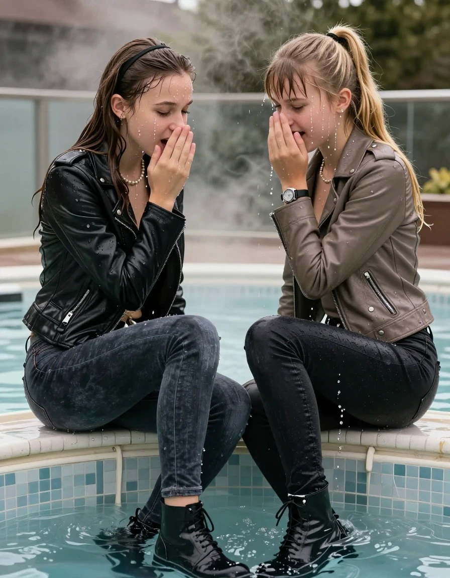 photo of young woman, in soaking wet, drenched clothes,
Ankle boots, Dark skinny jeans, leatherjacket, Open jacket, tight v-neck sweater, shoulderbag, pearl necklace, bracelet, wristwatch, Edge of Steaming indoor jacuzzi , 
enjoying, wet clothes stuck to body,
detailed textures of the wet clothes, wet face, wet plastered hair,
wet, drenched, professional, high-quality details, full body view.
sharp focus, ultra-high pixel detail, realistic, high-quality, full colors, incredibly detailed, 4k, 8k, 16k, hyper-realistic, RAW photo, masterpiece, ultra-detailed, professionally color graded, professional photograph, A realistic vertical fashion photograph taken from a backward, behind-the-back angle of two 12-year-old teenage girls sitting deep submerged in the water in of a glass-walled steaming outdoor jacuzzi, facing at the camera to show her back. One girl cover her mouth with her hands. One Girl hold a hand in front of her nose. She is tilting her head down, letting the water drench her hair so it is glued flat against her head and body. She has Sleek  straight long hair with hairband and one has a blond sleek ponytail with bangs, completely saturated and dripping wet hair, with water cascading down her face and neck, horny and sexuell aroused expression. The lighting is bright and cinematic, highlighting the glistening water droplets on the saturated texture of her  casual clothes.  Open mouth, closed eyes. One wears a black leatherjacket and dark levis skinny jeans. One wears a light brown leatherjacket and Black levis skinny jeans.
her clothing is soaking wet and clinging tightly to her skin, showing heavy wet folds, darkened fabric texture, and deep water-saturated Patches, her clothes are heavy from the water, water runs from her body and her clothes in streams. A lot of water also runs out of her clothes. Her clothes are darkened by the water. 
hyper-realistic wetness, high-contrast water sheen, sharp focus, 16k resolution, professional photography, realistic water physics., wet skin, wet clothes, damp fabric, wet skin, wet clothes, damp fabric, wet skin, wet clothes, damp fabric, wet skin, wet clothes, damp fabric, wet skin, wet clothes, damp fabric, wet skin, wet clothes, damp fabric, wet skin, wet clothes, damp fabric, wet skin, wet clothes, damp fabric, wet skin, wet clothes, damp fabric, wet skin, wet clothes, damp fabric, wet skin, wet clothes, damp fabric, wet skin, wet clothes, damp fabric, wet skin, wet clothes, damp fabric, wet skin, wet clothes, damp fabric, wet skin, wet clothes, damp fabric, wet skin, wet clothes, damp fabric