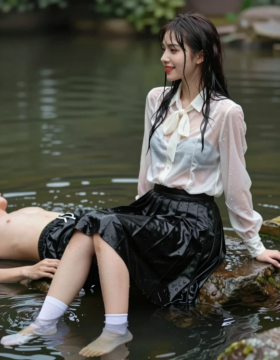 photo of young woman, in soaking wet, drenched clothes,
white socks, wet long black pleated satin skirt, wet white satin blouse, sitting in water in pond in summer, 
enjoying, wet clothes stuck to body,
detailed textures of the wet clothes, wet face, wet plastered hair,
wet, drenched, professional, high-quality details, full body view.
sharp focus, ultra-high pixel detail, realistic, high-quality, full colors, incredibly detailed, 4k, 8k, 16k, hyper-realistic, RAW photo, masterpiece, ultra-detailed, professionally color graded, professional photograph, sideview photo of smiling european female sitting in water in pond in summer, she has red lips, a young man with boxershorts is sitting next to her, she sits on his lap,she is wearing a shiny wet white translucent satin blouse with wet white neckbow and a wet long black pleated satin skirt, she has wet long dark hair bangs, the young man lays his hand on her skirt., wet skin, wet clothes, damp fabric