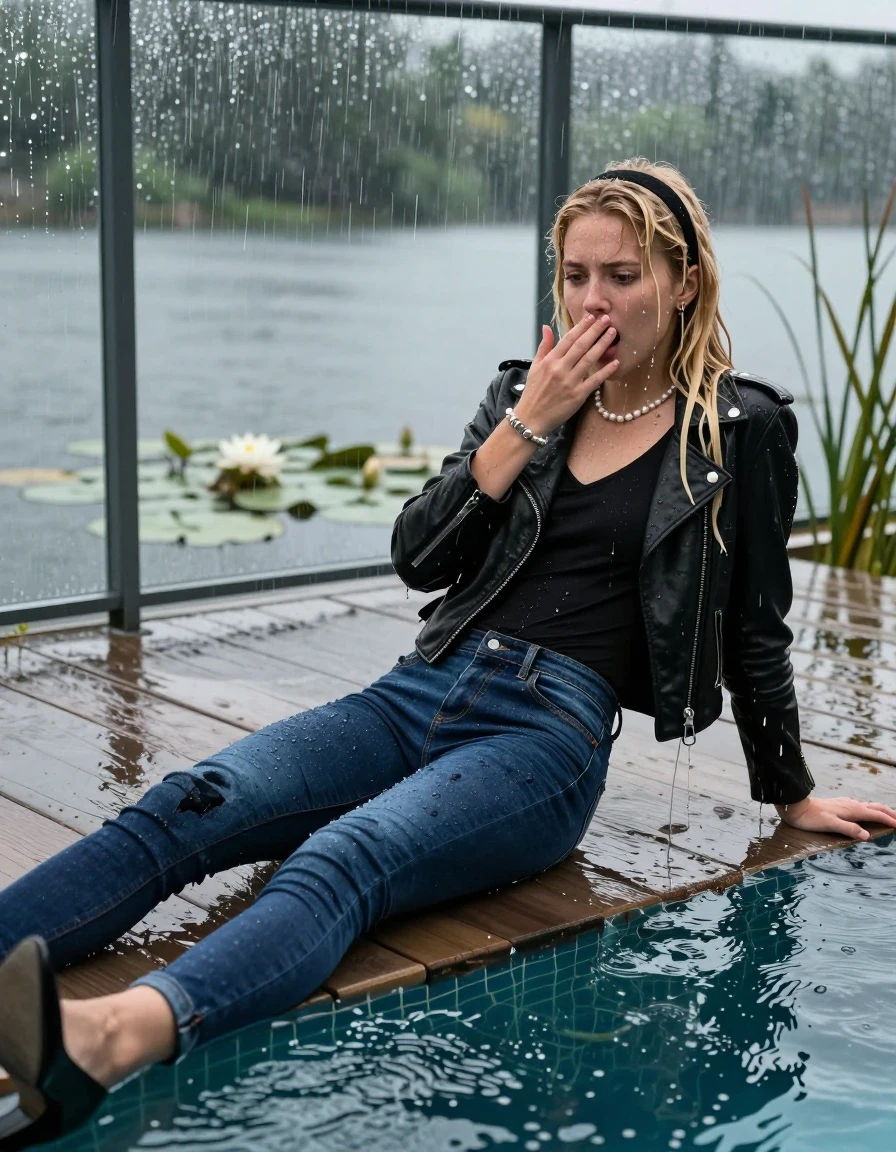 photo of young woman, in soaking wet, drenched clothes,
Black high heels, Dark blue tight levis skinny jeans, Black biker leatherjacket, tight v-neck sweater, shoulderbag, pearl necklace, bracelet, wristwatch, jetty by the lake with water lilies and reeds, 
enjoying, wet clothes stuck to body,
detailed textures of the wet clothes, wet face, wet plastered hair,
wet, drenched, professional, high-quality details, full body view.
sharp focus, ultra-high pixel detail, realistic, high-quality, full colors, incredibly detailed, 4k, 8k, 16k, hyper-realistic, RAW photo, masterpiece, ultra-detailed, professionally color graded, professional photograph, A realistic vertical fashion photograph taken from a backward, behind-the-back angle of a Young horny 12-year-old teengirl lying in a glass-walled outdoor swimming pool, facing down to the camera to show her back. 

She is tilting her head at camera, letting the water drench her hair so it is glued flat against her head and body. 
She has  blonde sleek long hair with birkin bangs and hairband completely saturated and dripping wet hair, with water cascading down her face and neck. Shocked and astonished expression. She is a Little Bit fearful. Hold a hand over her mouth. One hand streched up. Open mouth, half closed eyes. 

The lighting is bright and cinematic, highlighting the glistening water droplets and the saturated texture of her  casual clothes. Outside the large glass wall of the pool building, heavy rain is visible falling against the window. Soft, moody indoor lighting with reflections on the water. High-quality fashion photography style.
her clothing is soaking wet and clinging tightly to her skin, showing heavy wet folds, darkened fabric texture, and deep water-saturated Patches, her clothes are heavy from the water, water runs from her body and her clothes in streams. A lot of water also runs out of her clothes. Her clothes are darkened by the water. 
hyper-realistic wetness, high-contrast water sheen, sharp focus, 16k resolution, professional photography, realistic water physics., wet skin, wet clothes, damp fabric., wet skin, wet clothes, damp fabric, wet skin, wet clothes, damp fabric, wet skin, wet clothes, damp fabric, wet skin, wet clothes, damp fabric, wet skin, wet clothes, damp fabric, wet skin, wet clothes, damp fabric, wet skin, wet clothes, damp fabric