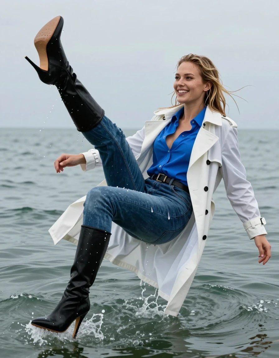 photo of young woman, in soaking wet, drenched clothes,
Long Stiletto black boots, Jeans, Blue shirt white trench coat , Floating in sea , 
enjoying, wet clothes stuck to body,
detailed textures of the wet clothes, wet face, wet plastered hair,
wet, drenched, professional, high-quality details, full body view.
sharp focus, ultra-high pixel detail, realistic, high-quality, full colors, incredibly detailed, 4k, 8k, 16k, hyper-realistic, RAW photo, masterpiece, ultra-detailed, professionally color graded, professional photograph, Full body
Clothes soaking wet
water over her clothes 
Long blonde haire
Dirty smile, wet skin, wet clothes, damp fabric