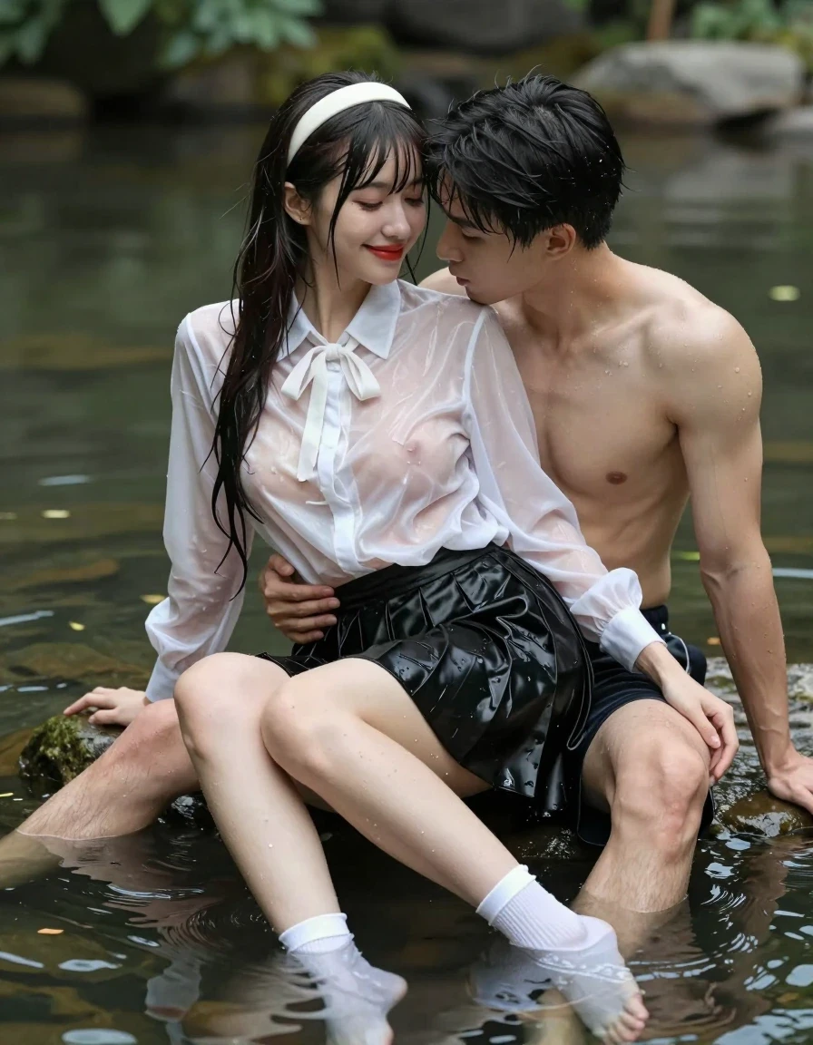 photo of young woman, in soaking wet, drenched clothes,
white socks, wet long black pleated satin skirt, wet white satin blouse, no bra., sitting in water in pond in summer, 
enjoying, wet clothes stuck to body,
detailed textures of the wet clothes, wet face, wet plastered hair,
wet, drenched, professional, high-quality details, full body view.
sharp focus, ultra-high pixel detail, realistic, high-quality, full colors, incredibly detailed, 4k, 8k, 16k, hyper-realistic, RAW photo, masterpiece, ultra-detailed, professionally color graded, professional photograph, sideview photo of smiling european female sitting in water in pond in summer, she has red lips, a young man with boxershorts is sitting next to her, she sits on his lap,she is wearing a shiny wet white translucent satin blouse with wet white neckbow and a wet long black pleated satin skirt, no bra, her breasts show through her blouse, she has wet long dark hair bangs, she wears a white hairband, the young man leans down and kiss her breast., wet skin, wet clothes, damp fabric