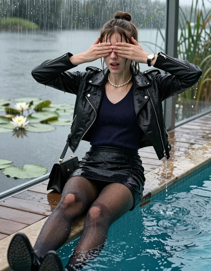 photo of young woman, in soaking wet, drenched clothes,
High heels, Short black mini skirt, black stockings , Black biker leatherjacket, tight v-neck sweater, shoulderbag, pearl necklace, bracelet, wristwatch, jetty by the lake with water lilies and reeds, 
enjoying, wet clothes stuck to body,
detailed textures of the wet clothes, wet face, wet plastered hair,
wet, drenched, professional, high-quality details, full body view.
sharp focus, ultra-high pixel detail, realistic, high-quality, full colors, incredibly detailed, 4k, 8k, 16k, hyper-realistic, RAW photo, masterpiece, ultra-detailed, professionally color graded, professional photograph, A realistic vertical fashion photograph taken from a backward, behind-the-back angle of a Young horny 12-year-old teengirl lying  and sliding in a glass-walled outdoor swimming pool, facing directly to the camera to show her back. 

She is tilting her head at camera, letting the water drench her hair so it is glued flat against her head and body. 
She has  brunette sticked up topknot with bangs, completely saturated and dripping wet hair, with water cascading down her face and neck. Shy and insecure expression. She is a Little Bit fearful and Smileys embarrassed. Hold her hands over her eyes. Wide Open mouth, big eyes. 

The lighting is bright and cinematic, highlighting the glistening water droplets and the saturated texture of her  casual clothes. Outside the large glass wall of the pool building, heavy rain is visible falling against the window. Soft, moody indoor lighting with reflections on the water. High-quality fashion photography style.
her clothing is soaking wet and clinging tightly to her skin, showing heavy wet folds, darkened fabric texture, and deep water-saturated Patches, her clothes are heavy from the water, water runs from her body and her clothes in streams. A lot of water also runs out of her clothes. Her clothes are darkened by the water. 
hyper-realistic wetness, high-contrast water sheen, sharp focus, 16k resolution, professional photography, realistic water physics., wet skin, wet clothes, damp fabric., wet skin, wet clothes, damp fabric, wet skin, wet clothes, damp fabric, wet skin, wet clothes, damp fabric, wet skin, wet clothes, damp fabric, wet skin, wet clothes, damp fabric, wet skin, wet clothes, damp fabric