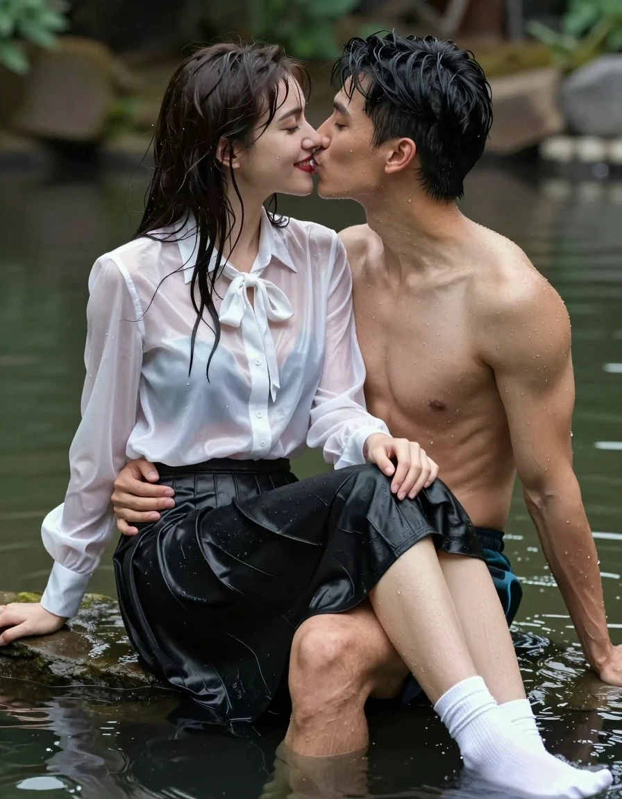 photo of young woman, in soaking wet, drenched clothes,
white socks, wet long black pleated satin skirt, wet white satin blouse, sitting in water in pond in summer, 
enjoying, wet clothes stuck to body,
detailed textures of the wet clothes, wet face, wet plastered hair,
wet, drenched, professional, high-quality details, full body view.
sharp focus, ultra-high pixel detail, realistic, high-quality, full colors, incredibly detailed, 4k, 8k, 16k, hyper-realistic, RAW photo, masterpiece, ultra-detailed, professionally color graded, professional photograph, sideview photo of smiling european female sitting in water in pond in summer, she has red lips, a young man with boxershorts is sitting next to her, she sits on his lap,she is wearing a shiny wet white translucent satin blouse with wet white neckbow and a wet long black pleated satin skirt, she has wet long dark hair bangs, she is kissing the young man, the young man place a hand on her skirt., wet skin, wet clothes, damp fabric