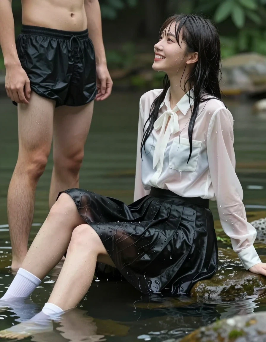photo of young woman, in soaking wet, drenched clothes,
white socks, wet long black pleated satin skirt, wet white satin blouse, sitting in water in pond in summer, 
enjoying, wet clothes stuck to body,
detailed textures of the wet clothes, wet face, wet plastered hair,
wet, drenched, professional, high-quality details, full body view.
sharp focus, ultra-high pixel detail, realistic, high-quality, full colors, incredibly detailed, 4k, 8k, 16k, hyper-realistic, RAW photo, masterpiece, ultra-detailed, professionally color graded, professional photograph, sideview photo of smiling european female sitting in water in pond in summer, a young man with boxershorts is standing next to her, she is wearing a shiny wet white satin blouse with wet white neckbow and a wet long black pleated satin skirt, she has wet long dark hair bangs, the young man lays his hand on her skirt., wet skin, wet clothes, damp fabric
