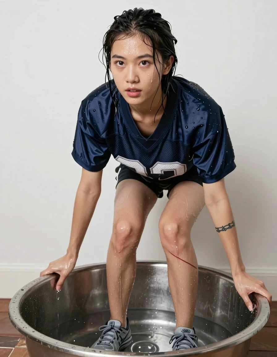 photo of young woman, in soaking wet, drenched clothes,
grey running shoes, black bib shorts, navy football jersey, small apartment, 
enjoying, wet clothes stuck to body,
detailed textures of the wet clothes, wet face, wet plastered hair,
wet, drenched, professional, high-quality details, full body view.
sharp focus, ultra-high pixel detail, realistic, high-quality, full colors, incredibly detailed, 4k, 8k, 16k, hyper-realistic, RAW photo, masterpiece, ultra-detailed, professionally color graded, professional photograph, 28-year-old Vietnamese-American woman, 5'5", lean and wiry, light tan skin, black hair pulled up in a claw clip with loose strands stuck to her neck, hazel-brown eyes, a long scar down one calf and a chain-link tattoo on one forearm. She stands with both feet planted in a wide shallow stainless parts-washing basin full of water. Shot from a low three-quarter angle, full-body framing, wet skin, wet clothes, damp fabric