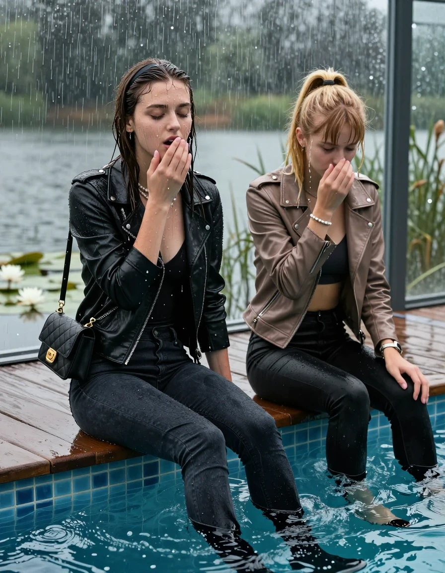 photo of young woman, in soaking wet, drenched clothes,
Shoes, Dark skinny jeans, leatherjacket, Open jacket, tight v-neck sweater, shoulderbag, pearl necklace, bracelet, wristwatch, jetty by the lake with water lilies and reeds, 
enjoying, wet clothes stuck to body,
detailed textures of the wet clothes, wet face, wet plastered hair,
wet, drenched, professional, high-quality details, full body view.
sharp focus, ultra-high pixel detail, realistic, high-quality, full colors, incredibly detailed, 4k, 8k, 16k, hyper-realistic, RAW photo, masterpiece, ultra-detailed, professionally color graded, professional photograph, A realistic vertical fashion photograph taken from a backward, behind-the-back angle of two 18-year-old teenage girls sitting and falling in a glass-walled outdoor swimming pool, facing directly to the camera to show her back.  
One girl cover her mouth with her hands. One Girl hold a hand in front of her nose. She is tilting her head down, letting the water drench her hair so it is glued flat against her head and body. She has Sleek  straight long hair with hairband and one has a blond sleek ponytail with bangs, completely saturated and dripping wet hair, with water cascading down her face and neck, horny and sexuell aroused expression. The lighting is bright and cinematic, highlighting the glistening water droplets on the saturated texture of her  casual clothes.  Open mouth, closed eyes. One wears a black leatherjacket, dark levis skinny jeans and ankle boots. One wears a light brown leatherjacket, Black levis skinny jeans and black heels.

The lighting is bright and cinematic, highlighting the glistening water droplets and the saturated texture of her  casual clothes. Outside the large glass wall of the pool building, heavy rain is visible falling against the window. Soft, moody indoor lighting with reflections on the water. High-quality fashion photography style.

her clothing is soaking wet and clinging tightly to her skin, showing heavy wet folds, darkened fabric texture, and deep water-saturated Patches, her clothes are heavy from the water, water runs from her body and her clothes in streams. A lot of water also runs out of her clothes. Her clothes are darkened by the water. 
hyper-realistic wetness, high-contrast water sheen, sharp focus, 16k resolution, professional photography, realistic water physics., wet skin, wet clothes, damp fabric, wet skin, wet clothes, damp fabric, wet skin, wet clothes, damp fabric, wet skin, wet clothes, damp fabric, wet skin, wet clothes, damp fabric, wet skin, wet clothes, damp fabric, wet skin, wet clothes, damp fabric, wet skin, wet clothes, damp fabric, wet skin, wet clothes, damp fabric, wet skin, wet clothes, damp fabric, wet skin, wet clothes, damp fabric, wet skin, wet clothes, damp fabric, wet skin, wet clothes, damp fabric, wet skin, wet clothes, damp fabric, wet skin, wet clothes, damp fabric, wet skin, wet clothes, damp fabric