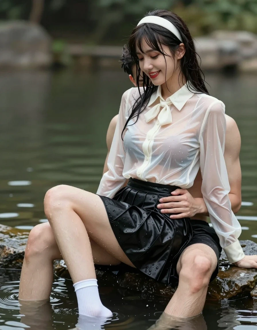 photo of young woman, in soaking wet, drenched clothes,
white socks, wet long black pleated satin skirt, wet white latex blouse, no bra., sitting in water in pond in summer, 
enjoying, wet clothes stuck to body,
detailed textures of the wet clothes, wet face, wet plastered hair,
wet, drenched, professional, high-quality details, full body view.
sharp focus, ultra-high pixel detail, realistic, high-quality, full colors, incredibly detailed, 4k, 8k, 16k, hyper-realistic, RAW photo, masterpiece, ultra-detailed, professionally color graded, professional photograph, sideview photo of smiling european female sitting in water in pond in summer, she has red lips, a young man with boxershorts is sitting next to her, she sits on his lap,she is wearing a shiny wet white translucent latex blouse with wet white neckbow and a wet long black pleated satin skirt, no bra, her breasts show through her blouse, she has wet very long dark hair bangs, she wears a white hairband, the young man place his hand on her skirt, they kiss each other., wet skin, wet clothes, damp fabric