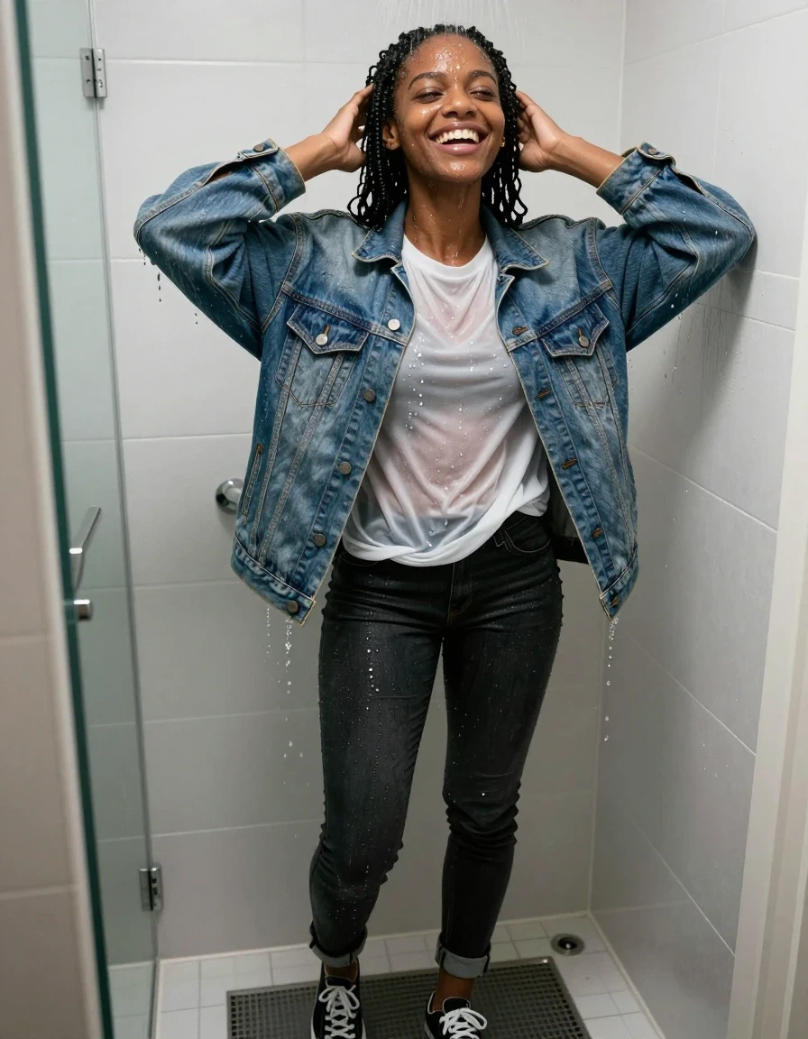 photo of young woman, in soaking wet, drenched clothes,
black-and-white low-top sneakers, cuffed light-wash jeans darkened to near-black, oversized light-wash denim jacket turned dark indigo and clinging to her arms and shoulders, a wet white graphic t-shirt gone translucent, standing inside a running shower, 
enjoying, wet clothes stuck to body,
detailed textures of the wet clothes, wet face, wet plastered hair,
wet, drenched, professional, high-quality details, full body view.
sharp focus, ultra-high pixel detail, realistic, high-quality, full colors, incredibly detailed, 4k, 8k, 16k, hyper-realistic, RAW photo, masterpiece, ultra-detailed, professionally color graded, professional photograph, 26-year-old Black Canadian woman with deep brown skin, tall and willowy, black shoulder-length twists with two small gold cuffs, water streaming through them, a wide gap-toothed grin caught mid-laugh, one dimple on the left side. candid photograph taken from just inside a small apartment bathroom, shot from a slightly low angle with a 35mm lens, shallow depth of field, wet skin, wet clothes, damp fabric