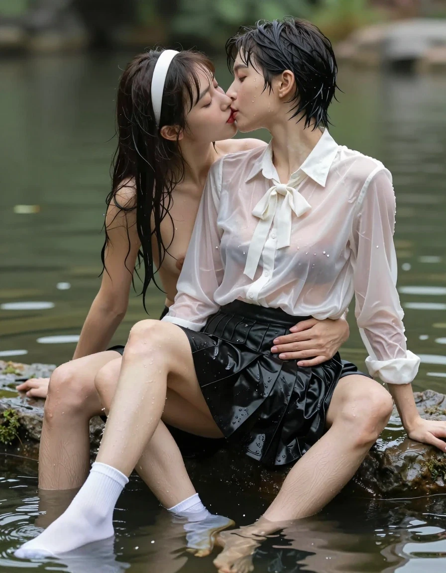 photo of young woman, in soaking wet, drenched clothes,
white socks, wet long black pleated satin skirt, wet white silk blouse, no bra., sitting in water in pond in summer, 
enjoying, wet clothes stuck to body,
detailed textures of the wet clothes, wet face, wet plastered hair,
wet, drenched, professional, high-quality details, full body view.
sharp focus, ultra-high pixel detail, realistic, high-quality, full colors, incredibly detailed, 4k, 8k, 16k, hyper-realistic, RAW photo, masterpiece, ultra-detailed, professionally color graded, professional photograph, sideview photo of smiling european female sitting in water in pond in summer, she has red lips, a young man with boxershorts is sitting next to her, he sits on her lap, she is wearing a shiny wet white translucent silk blouse without bra with wet white neckbow and a wet long black pleated satin skirt, no bra, her breasts show through her blouse, she has wet very long dark hair bangs, she wears a white hairband, the young man places both hands arround her on her wet skirt, they kiss each other., wet skin, wet clothes, damp fabric