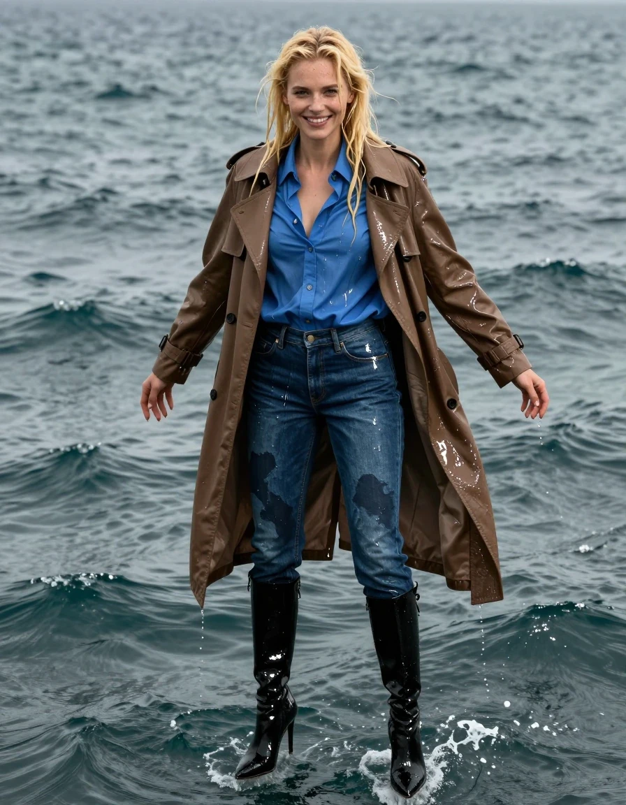 A full-body photorealistic shot of a young adult European woman with long, wet, cascading blonde hair and a mischievous dirty smile, floating in the middle of a vast, turbulent sea. She is wearing a crisp blue shirt layered under a heavy, water-saturated brown trench coat that clings to her frame with heavy, dripping folds. Her legs are clad in soaking-wet blue denim jeans, water-saturated heavyweight denim, blue changed to deep navy and indigo, substantially darker unevenly soaked patches, absorbed water, heavy wet folds, visible weave and stitching, and strong glossy specular reflections on the raised weave, seams, and creases. She is wearing long, sleek black stiletto boots that are drenched and glistening with water sheen. The entire outfit is completely soaked, with fabric darkened by water, clinging to her body, and water visibly streaming over her clothes. The lighting is natural daylight reflecting off the wet surfaces and the surrounding ocean water, creating sharp specular highlights on her wet skin, hair, and clothing. High-resolution, cinematic composition, hyper-detailed textures, realistic water physics, wet-on-wet look.