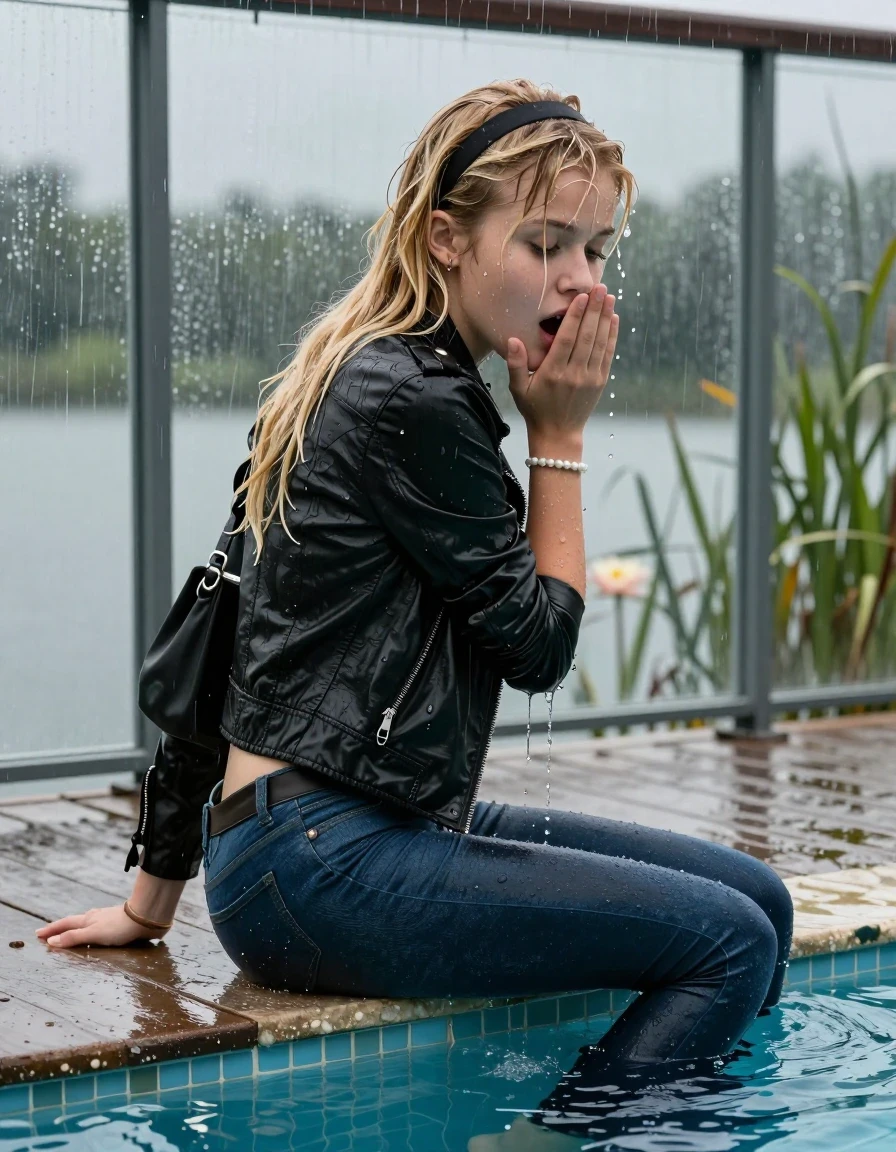 photo of young woman, in soaking wet, drenched clothes,
Black flats, Dark blue tight levis skinny jeans, Black biker leatherjacket, tight v-neck sweater, shoulderbag, pearl necklace, bracelet, wristwatch, jetty by the lake with water lilies and reeds, 
enjoying, wet clothes stuck to body,
detailed textures of the wet clothes, wet face, wet plastered hair,
wet, drenched, professional, high-quality details, full body view.
sharp focus, ultra-high pixel detail, realistic, high-quality, full colors, incredibly detailed, 4k, 8k, 16k, hyper-realistic, RAW photo, masterpiece, ultra-detailed, professionally color graded, professional photograph, A realistic vertical fashion photograph taken from a backward, behind-the-back angle of a Young horny 12-year-old teengirl sitting in a glass-walled outdoor swimming pool, facing down to the camera to show her back. 

She is tilting her head at camera, letting the water drench her hair so it is glued flat against her head and body. 
She has  blonde sleek long hair with birkin bangs and hairband completely saturated and dripping wet hair, with water cascading down her face and neck. Shocked and astonished expression. She is a Little Bit fearful. Hold a hand over her mouth. One hand streched up. Open mouth, half closed eyes. 

The lighting is bright and cinematic, highlighting the glistening water droplets and the saturated texture of her  casual clothes. Outside the large glass wall of the pool building, heavy rain is visible falling against the window. Soft, moody indoor lighting with reflections on the water. High-quality fashion photography style.
her clothing is soaking wet and clinging tightly to her skin, showing heavy wet folds, darkened fabric texture, and deep water-saturated Patches, her clothes are heavy from the water, water runs from her body and her clothes in streams. A lot of water also runs out of her clothes. Her clothes are darkened by the water. 
hyper-realistic wetness, high-contrast water sheen, sharp focus, 16k resolution, professional photography, realistic water physics., wet skin, wet clothes, damp fabric., wet skin, wet clothes, damp fabric, wet skin, wet clothes, damp fabric, wet skin, wet clothes, damp fabric, wet skin, wet clothes, damp fabric, wet skin, wet clothes, damp fabric, wet skin, wet clothes, damp fabric, wet skin, wet clothes, damp fabric