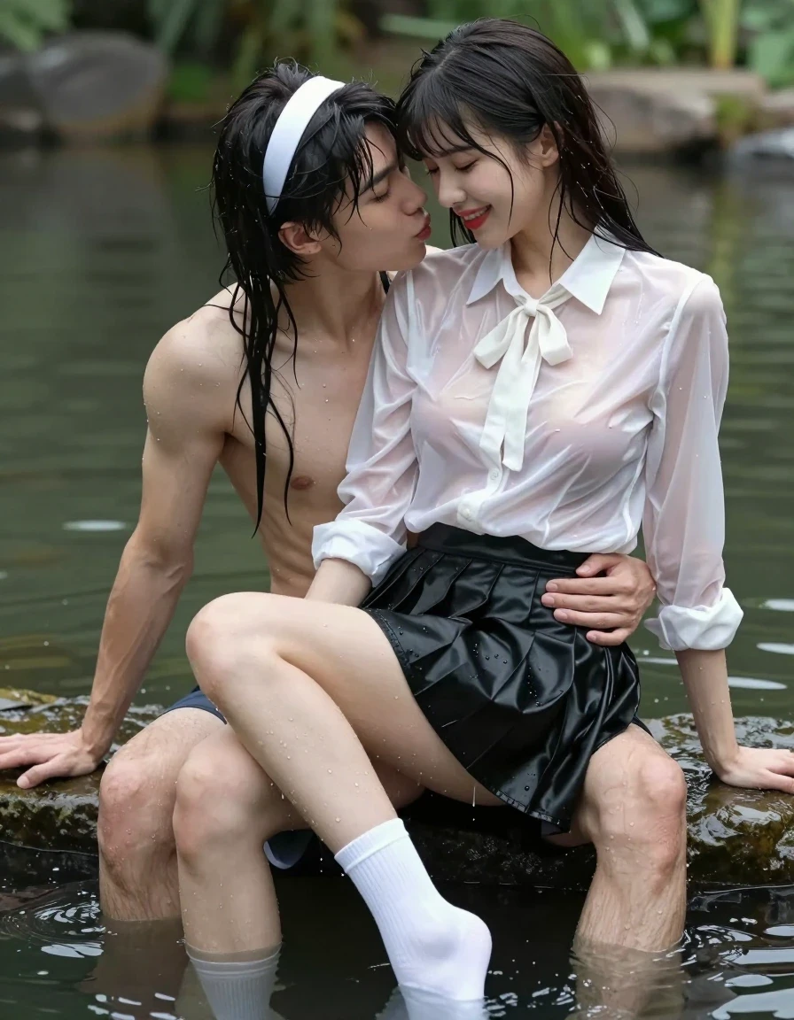 photo of young woman, in soaking wet, drenched clothes,
white socks, wet long black pleated satin skirt, wet white satin blouse, no bra., sitting in water in pond in summer, 
enjoying, wet clothes stuck to body,
detailed textures of the wet clothes, wet face, wet plastered hair,
wet, drenched, professional, high-quality details, full body view.
sharp focus, ultra-high pixel detail, realistic, high-quality, full colors, incredibly detailed, 4k, 8k, 16k, hyper-realistic, RAW photo, masterpiece, ultra-detailed, professionally color graded, professional photograph, sideview photo of smiling european female sitting in water in pond in summer, she has red lips, a young man with boxershorts is sitting next to her, she sits on his lap,she is wearing a shiny wet white translucent satin blouse with wet white neckbow and a wet long black pleated satin skirt, no bra, her breasts show through her blouse, she has wet long dark hair bangs, she wears a white hairband, the young man leans down and kiss her breast., wet skin, wet clothes, damp fabric