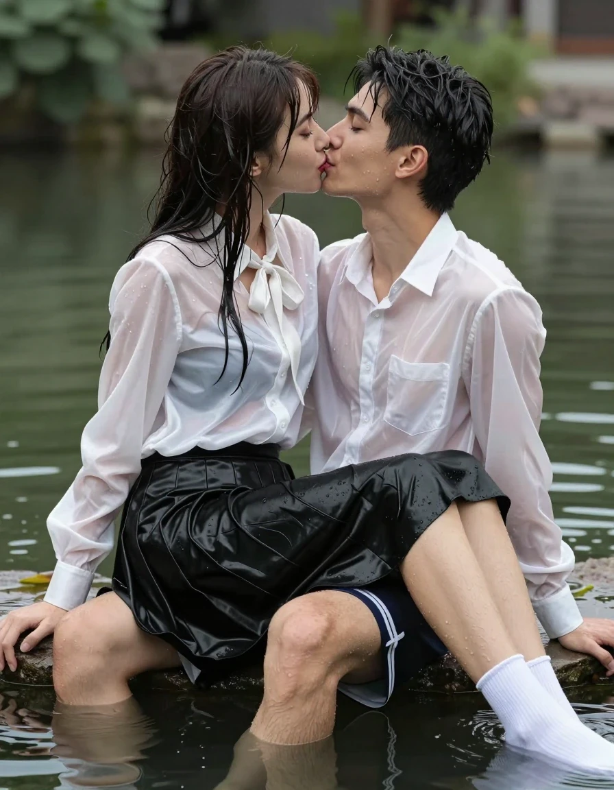 photo of young woman, in soaking wet, drenched clothes,
white socks, wet long black pleated satin skirt, wet white satin blouse, sitting in water in pond in summer, 
enjoying, wet clothes stuck to body,
detailed textures of the wet clothes, wet face, wet plastered hair,
wet, drenched, professional, high-quality details, full body view.
sharp focus, ultra-high pixel detail, realistic, high-quality, full colors, incredibly detailed, 4k, 8k, 16k, hyper-realistic, RAW photo, masterpiece, ultra-detailed, professionally color graded, professional photograph, sideview photo of smiling european female sitting in water in pond in summer, she has red lips, a young man with boxershorts is sitting next to her, she sits on his lap,she is wearing a shiny wet white translucent satin blouse with wet white neckbow and a wet long black pleated satin skirt, she has wet long dark hair bangs, she is kissing the young man., wet skin, wet clothes, damp fabric