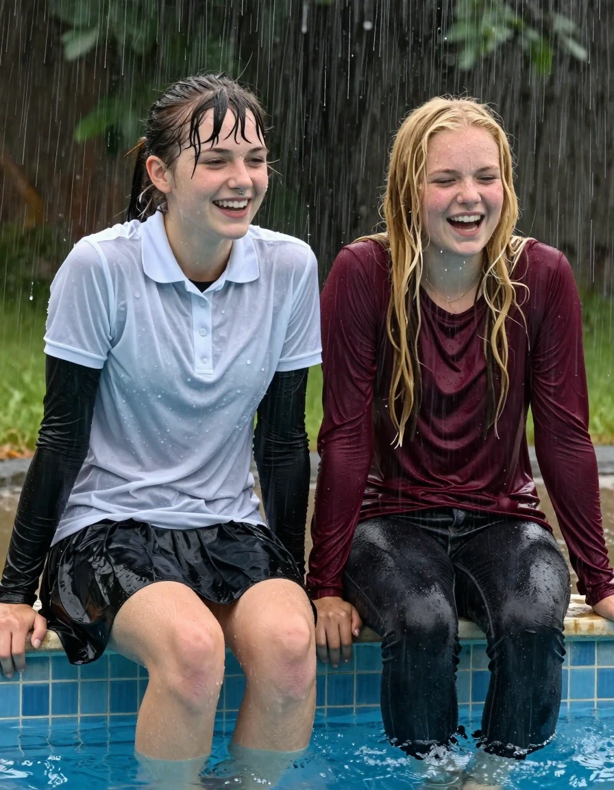 photo of young woman, in soaking wet, drenched clothes,
, , casual wear, 2 girls sitting on the edge of the pool while it pours water on them during a heavy storm, 
enjoying, wet clothes stuck to body,
detailed textures of the wet clothes, wet face, wet plastered hair,
wet, drenched, professional, high-quality details, full body view.
sharp focus, ultra-high pixel detail, realistic, high-quality, full colors, incredibly detailed, 4k, 8k, 16k, hyper-realistic, RAW photo, masterpiece, ultra-detailed, professionally color graded, professional photograph, 2 small college girls both having fun together. both similar age, a nineteen year old girl, she is small, young, petite, with a flat and slim body, a She has a wide square young face a very small chest, she is a pale brunette with a ponytail and bangs and a septum piercing, She is full of youthful energy, she is wearing a drenched thick white polo that clings to her body over a black long sleeve undershirt, and a longish knee length black skirt with 3 pleats. her friend is slightly shorter, she has blonde hair, she is wearing dark colored soaked loose jeans and a long sleeve maroon top. her clothes darken from the water. She has a wide square face,, wet skin, wet clothes, damp fabric, wet skin, wet clothes, damp fabric, wet skin, wet clothes, damp fabric