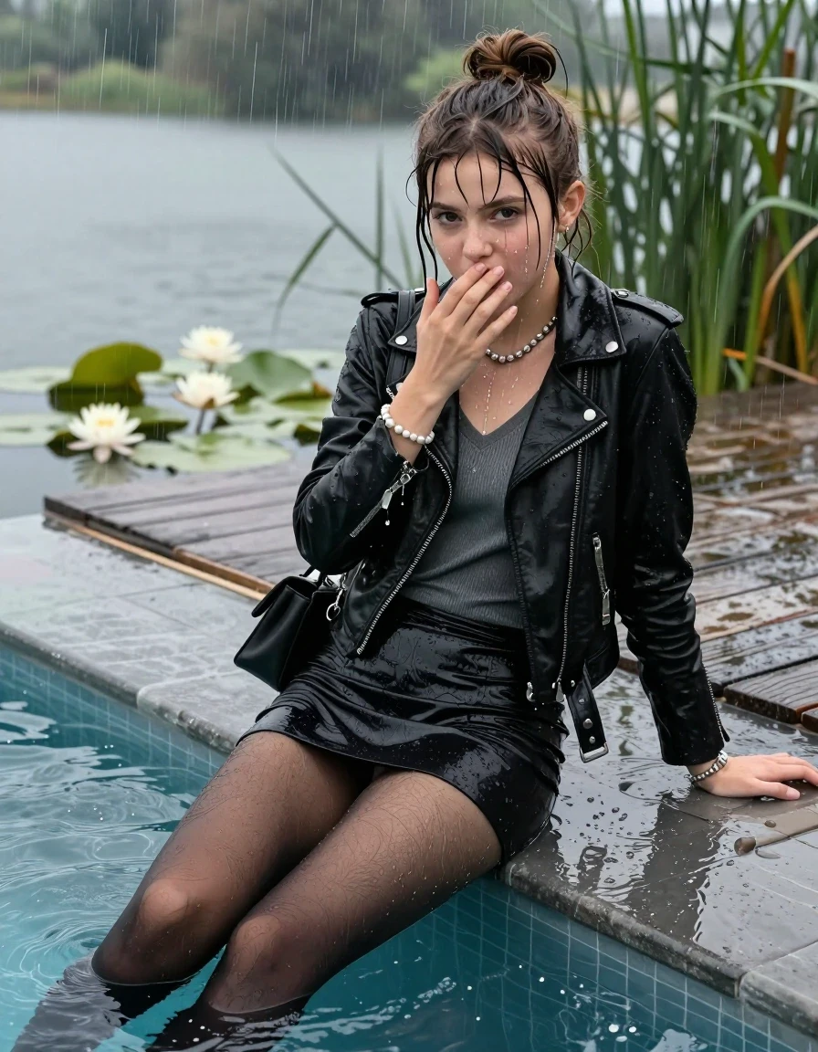 photo of young woman, in soaking wet, drenched clothes,
, Short black mini skirt, black stockings , Black biker leatherjacket, tight v-neck sweater, shoulderbag, pearl necklace, bracelet, wristwatch, jetty by the lake with water lilies and reeds, 
enjoying, wet clothes stuck to body,
detailed textures of the wet clothes, wet face, wet plastered hair,
wet, drenched, professional, high-quality details, full body view.
sharp focus, ultra-high pixel detail, realistic, high-quality, full colors, incredibly detailed, 4k, 8k, 16k, hyper-realistic, RAW photo, masterpiece, ultra-detailed, professionally color graded, professional photograph, A realistic vertical fashion photograph taken from a backward, behind-the-back angle of a Young horny 12-year-old teengirl lying  and sliding in a glass-walled outdoor swimming pool, facing directly to the camera to show her back. 

She is tilting her head at camera, letting the water drench her hair so it is glued flat against her head and body. 
She has  brunette sticked up topknot with bangs, completely saturated and dripping wet hair, with water cascading down her face and neck. Shy and insecure expression. She is a Little Bit fearful and Smileys embarrassed. Hold her hands over her mouth. Wide Open mouth, big eyes. 

The lighting is bright and cinematic, highlighting the glistening water droplets and the saturated texture of her  casual clothes. Outside the large glass wall of the pool building, heavy rain is visible falling against the window. Soft, moody indoor lighting with reflections on the water. High-quality fashion photography style.
her clothing is soaking wet and clinging tightly to her skin, showing heavy wet folds, darkened fabric texture, and deep water-saturated Patches, her clothes are heavy from the water, water runs from her body and her clothes in streams. A lot of water also runs out of her clothes. Her clothes are darkened by the water. 
hyper-realistic wetness, high-contrast water sheen, sharp focus, 16k resolution, professional photography, realistic water physics., wet skin, wet clothes, damp fabric., wet skin, wet clothes, damp fabric, wet skin, wet clothes, damp fabric, wet skin, wet clothes, damp fabric, wet skin, wet clothes, damp fabric, wet skin, wet clothes, damp fabric, wet skin, wet clothes, damp fabric
