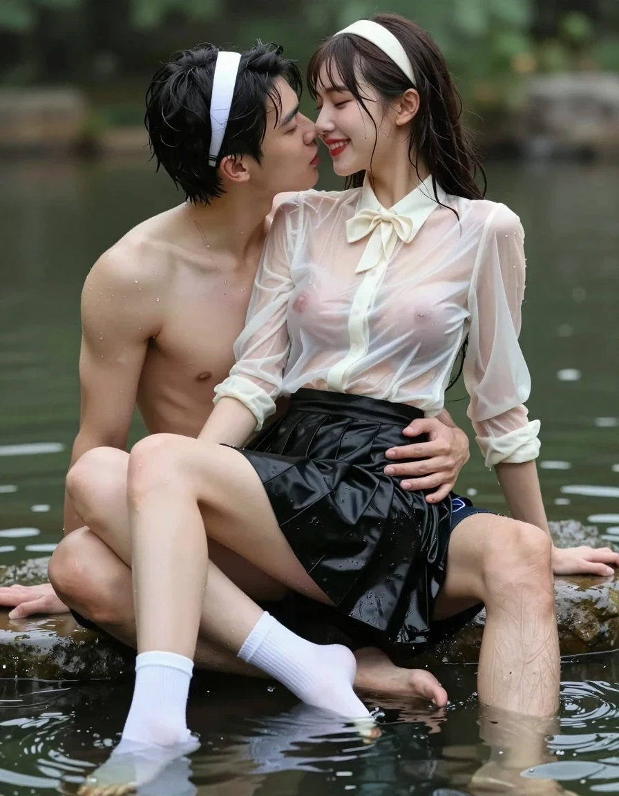 photo of young woman, in soaking wet, drenched clothes,
white socks, wet long black pleated satin skirt, wet white latex blouse, no bra., sitting in water in pond in summer, 
enjoying, wet clothes stuck to body,
detailed textures of the wet clothes, wet face, wet plastered hair,
wet, drenched, professional, high-quality details, full body view.
sharp focus, ultra-high pixel detail, realistic, high-quality, full colors, incredibly detailed, 4k, 8k, 16k, hyper-realistic, RAW photo, masterpiece, ultra-detailed, professionally color graded, professional photograph, sideview photo of smiling european female sitting in water in pond in summer, she has red lips, a young man with boxershorts is sitting next to her, she sits on his lap,she is wearing a shiny wet white translucent latex blouse without bra with wet white neckbow and a wet long black pleated satin skirt, no bra, her breasts show through her blouse, she has wet very long dark hair bangs, she wears a white hairband, the young man place his hand on her skirt, they kiss each other., wet skin, wet clothes, damp fabric