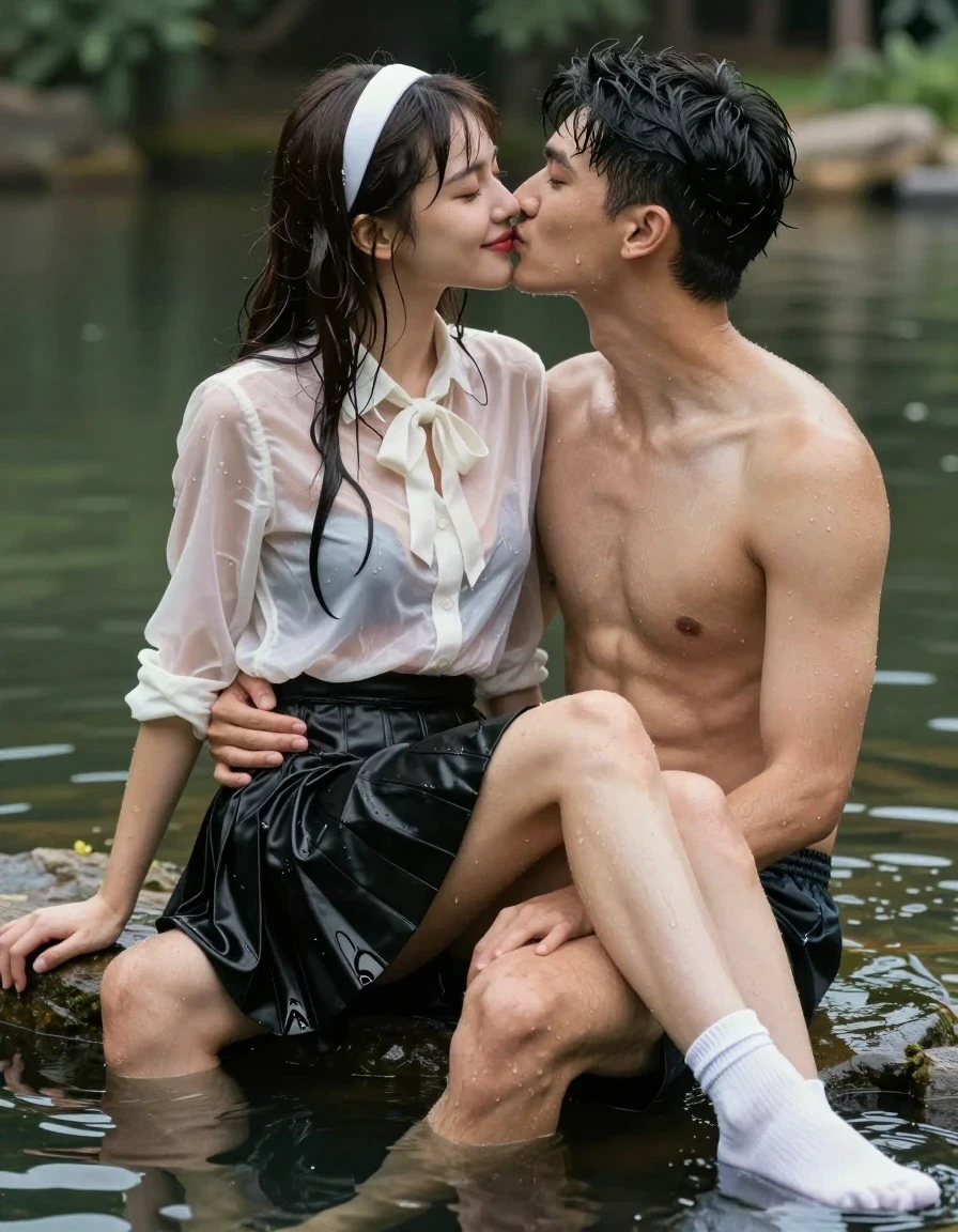 photo of young woman, in soaking wet, drenched clothes,
white socks, wet long black pleated satin skirt, wet white satin blouse, no bra., sitting in water in pond in summer, 
enjoying, wet clothes stuck to body,
detailed textures of the wet clothes, wet face, wet plastered hair,
wet, drenched, professional, high-quality details, full body view.
sharp focus, ultra-high pixel detail, realistic, high-quality, full colors, incredibly detailed, 4k, 8k, 16k, hyper-realistic, RAW photo, masterpiece, ultra-detailed, professionally color graded, professional photograph, sideview photo of smiling european female sitting in water in pond in summer, she has red lips, a young man with boxershorts is sitting next to her, she sits on his lap,she is wearing a shiny wet white translucent satin blouse with wet white neckbow and a wet long black pleated satin skirt, no bra, her breasts show through her blouse, she has wet long dark hair bangs, she wears a white hairband, she is kissing the young man, the young man place a hand under her skirt., wet skin, wet clothes, damp fabric