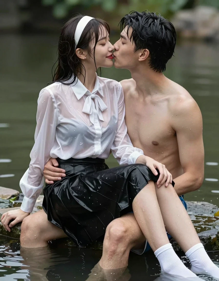 photo of young woman, in soaking wet, drenched clothes,
white socks, wet long black pleated satin skirt, wet white satin blouse, no bra., sitting in water in pond in summer, 
enjoying, wet clothes stuck to body,
detailed textures of the wet clothes, wet face, wet plastered hair,
wet, drenched, professional, high-quality details, full body view.
sharp focus, ultra-high pixel detail, realistic, high-quality, full colors, incredibly detailed, 4k, 8k, 16k, hyper-realistic, RAW photo, masterpiece, ultra-detailed, professionally color graded, professional photograph, sideview photo of smiling european female sitting in water in pond in summer, she has red lips, a young man with boxershorts is sitting next to her, she sits on his lap,she is wearing a shiny wet white translucent satin blouse with wet white neckbow and a wet long black pleated satin skirt, no bra, her breasts show through her blouse, she has wet long dark hair bangs, she wears a white hairband, she is kissing the young man, the young man place a hand on her lap., wet skin, wet clothes, damp fabric