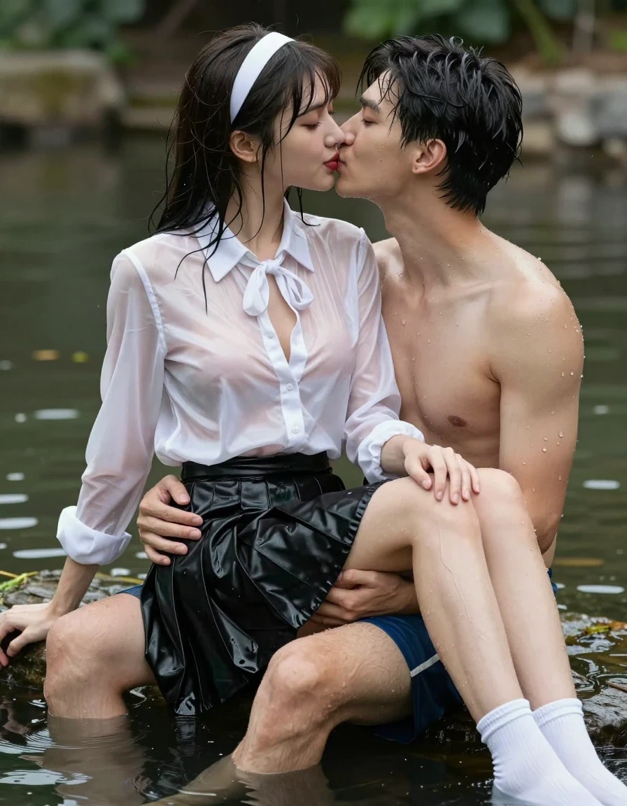 photo of young woman, in soaking wet, drenched clothes,
white socks, wet long black pleated satin skirt, wet white satin blouse, no bra., sitting in water in pond in summer, 
enjoying, wet clothes stuck to body,
detailed textures of the wet clothes, wet face, wet plastered hair,
wet, drenched, professional, high-quality details, full body view.
sharp focus, ultra-high pixel detail, realistic, high-quality, full colors, incredibly detailed, 4k, 8k, 16k, hyper-realistic, RAW photo, masterpiece, ultra-detailed, professionally color graded, professional photograph, sideview photo of smiling european female sitting in water in pond in summer, she has red lips, a young man with boxershorts is sitting next to her, she sits on his lap,she is wearing a shiny wet white translucent satin blouse with wet white neckbow and a wet long black pleated satin skirt, no bra, her breasts show through her blouse, she has wet long dark hair bangs, she wears a white hairband, she is kissing the young man, the young man place a hand on her lap., wet skin, wet clothes, damp fabric