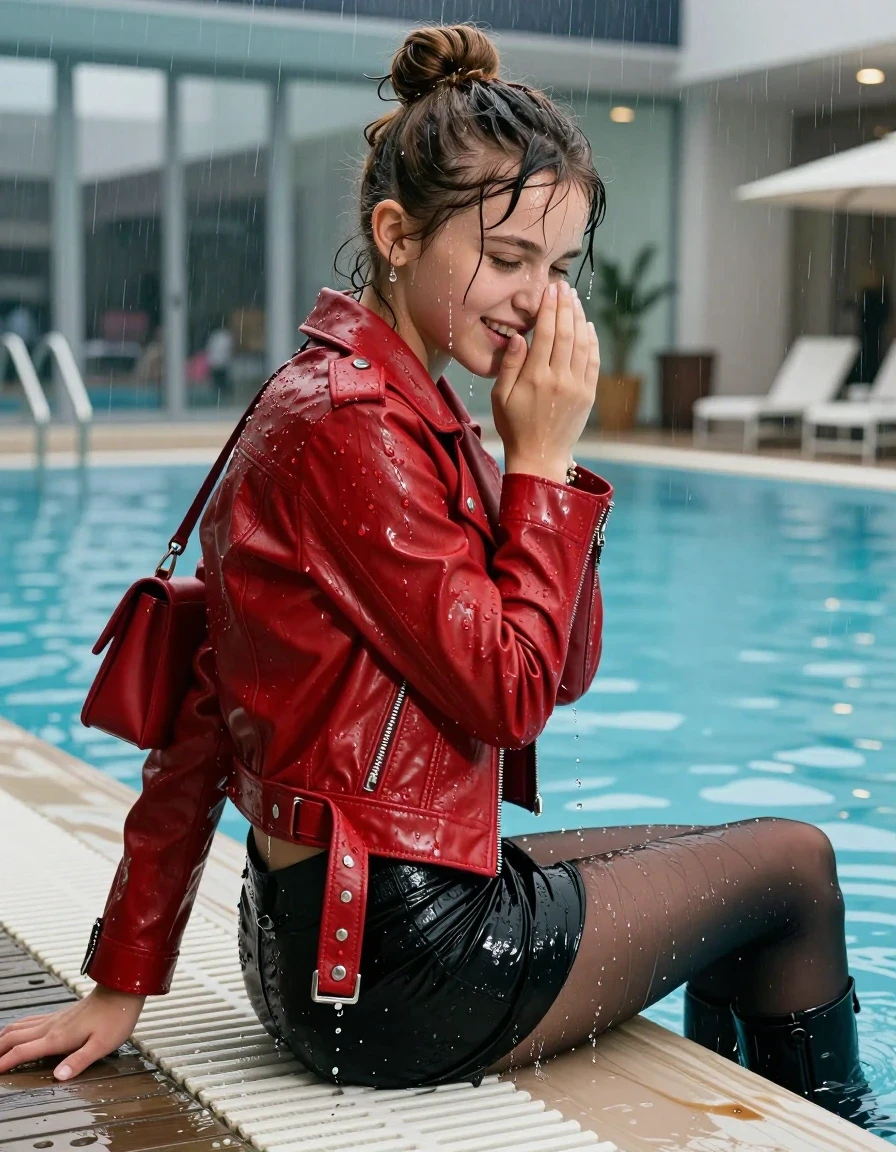 photo of young woman, in soaking wet, drenched clothes,
High boots, Short black mini skirt, black stockings , Red biker leatherjacket, tight v-neck sweater, shoulderbag, pearl necklace, bracelet, wristwatch, jetty by the Swimming pool at a crowded pool party , 
enjoying, wet clothes stuck to body,
detailed textures of the wet clothes, wet face, wet plastered hair,
wet, drenched, professional, high-quality details, full body view.
sharp focus, ultra-high pixel detail, realistic, high-quality, full colors, incredibly detailed, 4k, 8k, 16k, hyper-realistic, RAW photo, masterpiece, ultra-detailed, professionally color graded, professional photograph, A realistic vertical fashion photograph taken from a backward, behind-the-back angle of a Young horny 12-year-old teengirl sitting  and falling in a glass-walled indoor swimming pool, facing directly to the camera to show her back. 

She is tilting her head at camera, letting the water drench her hair so it is glued flat against her head and body. 
She has  brunette sticked up topknot with bangs, completely saturated and dripping wet hair, with water cascading down her face and neck. Shy and insecure expression. She is a Little Bit fearful and Smileys embarrassed. Hold her hands in front of her nose. Open mouth, closed eyes. 

The lighting is bright and cinematic, highlighting the glistening water droplets and the saturated texture of her  casual clothes. Outside the large glass wall of the pool building, heavy rain is visible falling against the window. Soft, moody indoor lighting with reflections on the water. High-quality fashion photography style.
her clothing is soaking wet and clinging tightly to her skin, showing heavy wet folds, darkened fabric texture, and deep water-saturated Patches, her clothes are heavy from the water, water runs from her body and her clothes in streams. A lot of water also runs out of her clothes. Her clothes are darkened by the water. 
hyper-realistic wetness, high-contrast water sheen, sharp focus, 16k resolution, professional photography, realistic water physics., wet skin, wet clothes, damp fabric., wet skin, wet clothes, damp fabric, wet skin, wet clothes, damp fabric, wet skin, wet clothes, damp fabric, wet skin, wet clothes, damp fabric, wet skin, wet clothes, damp fabric, wet skin, wet clothes, damp fabric, wet skin, wet clothes, damp fabric, wet skin, wet clothes, damp fabric, wet skin, wet clothes, damp fabric