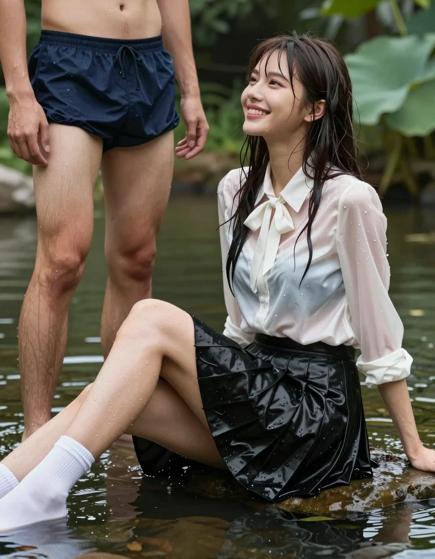 photo of young woman, in soaking wet, drenched clothes,
white socks, wet long black pleated satin skirt, wet white satin blouse, sitting in water in pond in summer, 
enjoying, wet clothes stuck to body,
detailed textures of the wet clothes, wet face, wet plastered hair,
wet, drenched, professional, high-quality details, full body view.
sharp focus, ultra-high pixel detail, realistic, high-quality, full colors, incredibly detailed, 4k, 8k, 16k, hyper-realistic, RAW photo, masterpiece, ultra-detailed, professionally color graded, professional photograph, sideview photo of smiling european female sitting in water in pond in summer, a young man with boxershorts is standing next to her, she is wearing a shiny wet white satin blouse with wet white neckbow and a wet long black pleated satin skirt, she has wet long dark hair bangs, wet skin, wet clothes, damp fabric