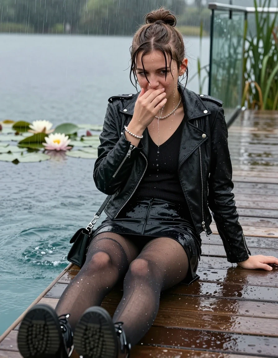 photo of young woman, in soaking wet, drenched clothes,
Ankle  boots, Short black mini skirt, black stockings , Black biker leatherjacket, tight v-neck sweater, shoulderbag, pearl necklace, bracelet, wristwatch, jetty by the lake with water lilies and reeds, 
enjoying, wet clothes stuck to body,
detailed textures of the wet clothes, wet face, wet plastered hair,
wet, drenched, professional, high-quality details, full body view.
sharp focus, ultra-high pixel detail, realistic, high-quality, full colors, incredibly detailed, 4k, 8k, 16k, hyper-realistic, RAW photo, masterpiece, ultra-detailed, professionally color graded, professional photograph, A realistic vertical fashion photograph taken from a backward, behind-the-back angle of a Young horny 12-year-old teengirl lying  and sliding in a glass-walled outdoor swimming pool, facing directly to the camera to show her back. 

She is tilting her head at camera, letting the water drench her hair so it is glued flat against her head and body. 
She has  brunette sticked up topknot with bangs, completely saturated and dripping wet hair, with water cascading down her face and neck. Shy and insecure expression. She is a Little Bit fearful and Smileys embarrassed. Hold her hands over her mouth. Slight Open mouth, half closed eyes. 

The lighting is bright and cinematic, highlighting the glistening water droplets and the saturated texture of her  casual clothes. Outside the large glass wall of the pool building, heavy rain is visible falling against the window. Soft, moody indoor lighting with reflections on the water. High-quality fashion photography style.
her clothing is soaking wet and clinging tightly to her skin, showing heavy wet folds, darkened fabric texture, and deep water-saturated Patches, her clothes are heavy from the water, water runs from her body and her clothes in streams. A lot of water also runs out of her clothes. Her clothes are darkened by the water. 
hyper-realistic wetness, high-contrast water sheen, sharp focus, 16k resolution, professional photography, realistic water physics., wet skin, wet clothes, damp fabric., wet skin, wet clothes, damp fabric, wet skin, wet clothes, damp fabric, wet skin, wet clothes, damp fabric, wet skin, wet clothes, damp fabric, wet skin, wet clothes, damp fabric, wet skin, wet clothes, damp fabric